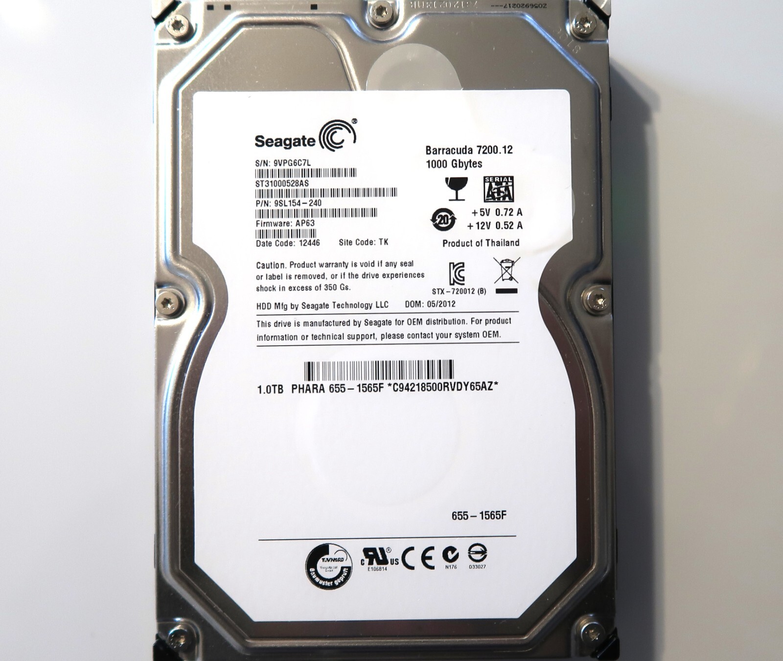 Seagate ST31000528AS 9SL154-240 AP63 (9VPG) TK Thailand 1TB 3.5" Sata 05/2012