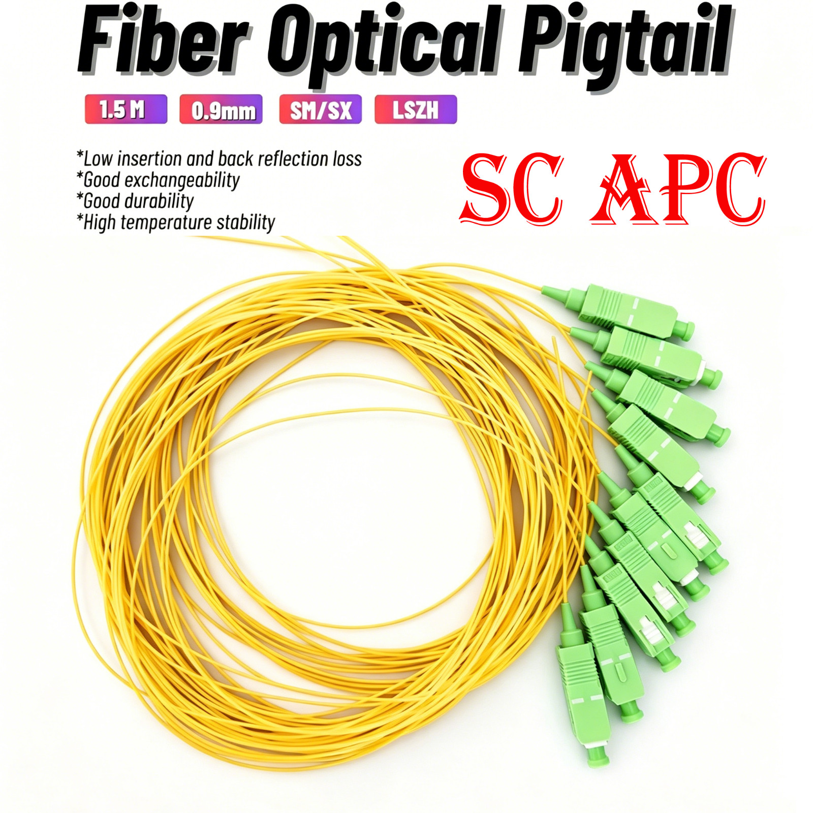 10-50Pack SC APC Single Mode Fiber Pigtail 1.5M 9/125 0.9mm Simplex Fiber Cable