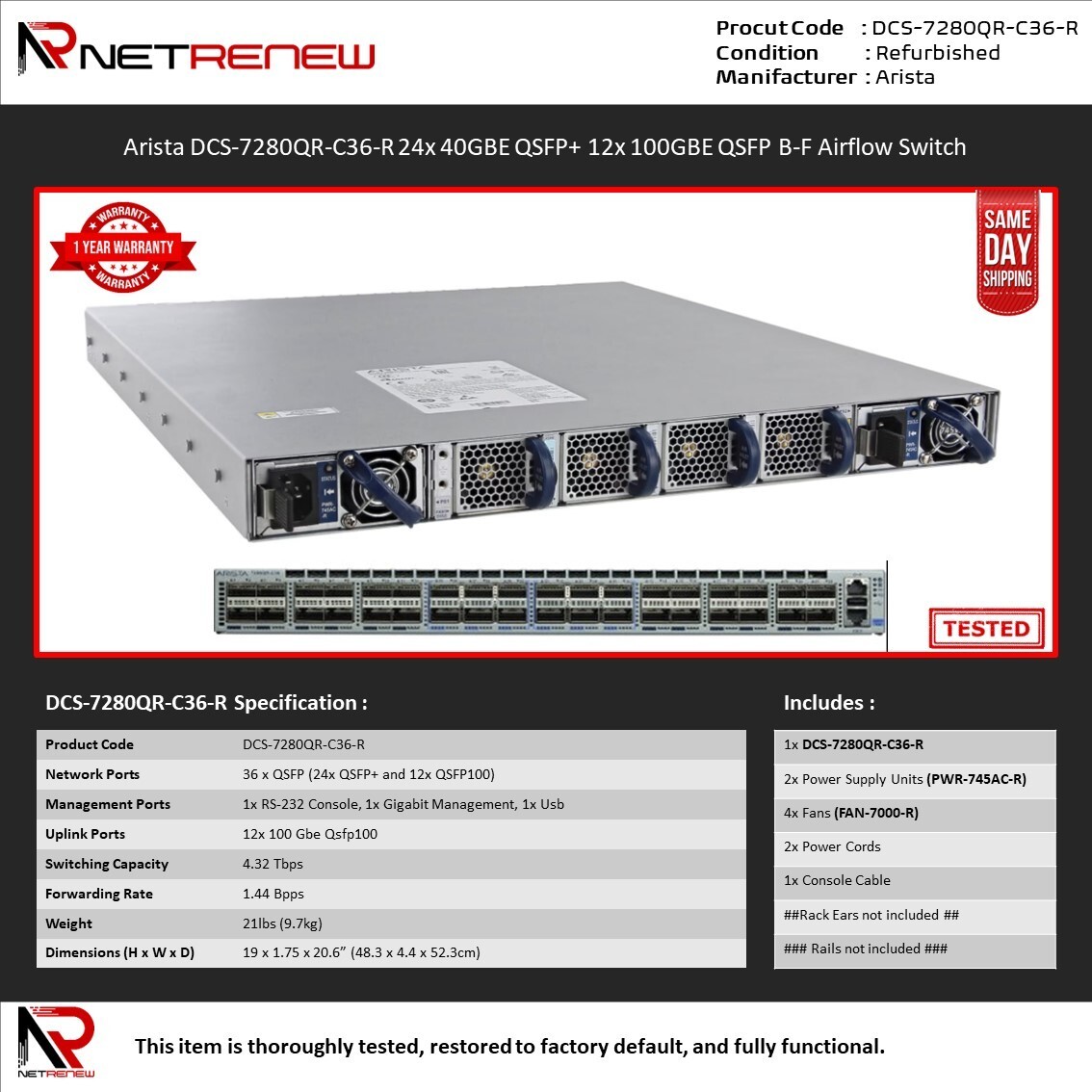 Arista DCS-7280QR-C36-R 24x 40GBE QSFP+ 12x 100GBE QSFP B-F Airflow Switch