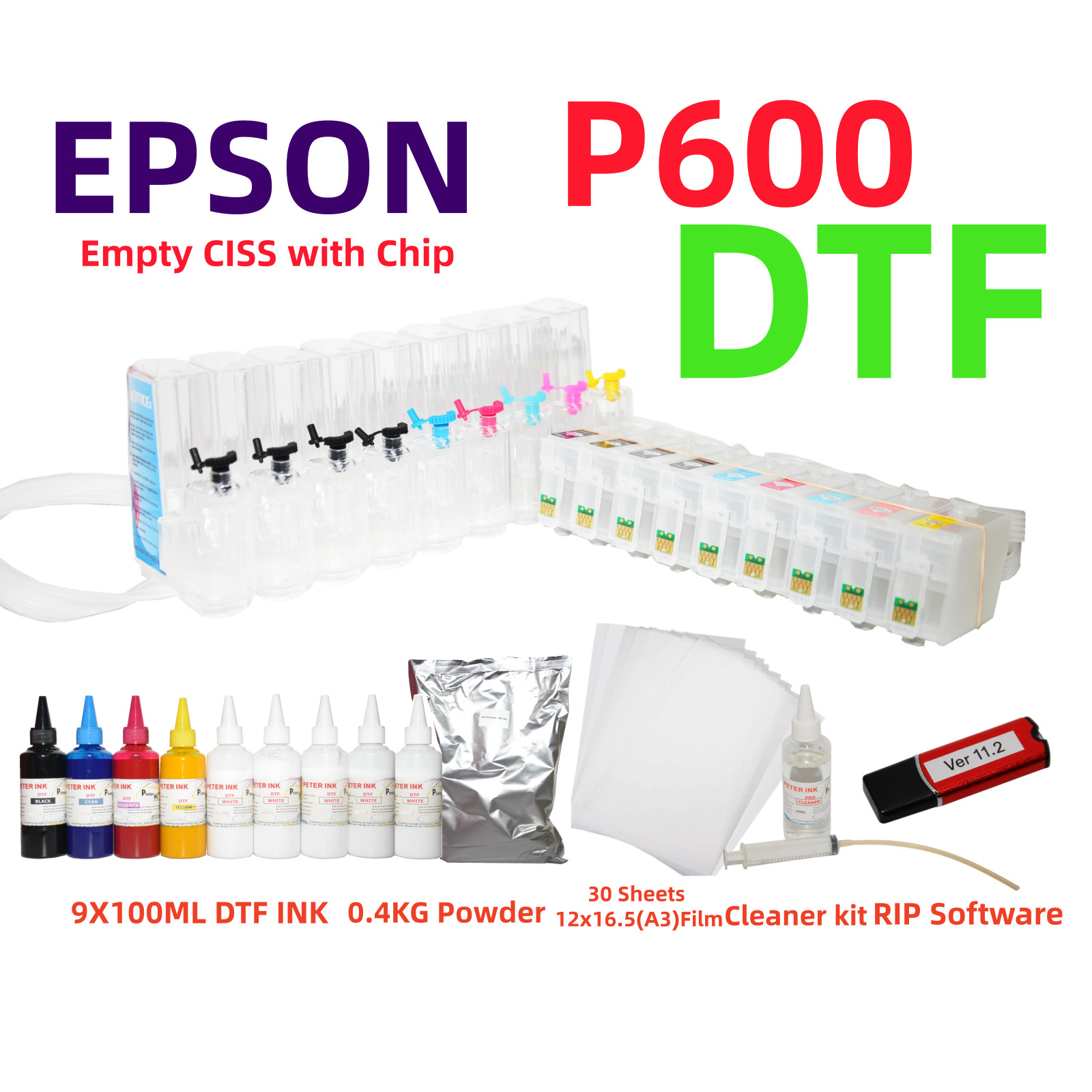 DTF Printing Kit for Sure Color P600 : CISS, Ink, Film, Powder, RIP