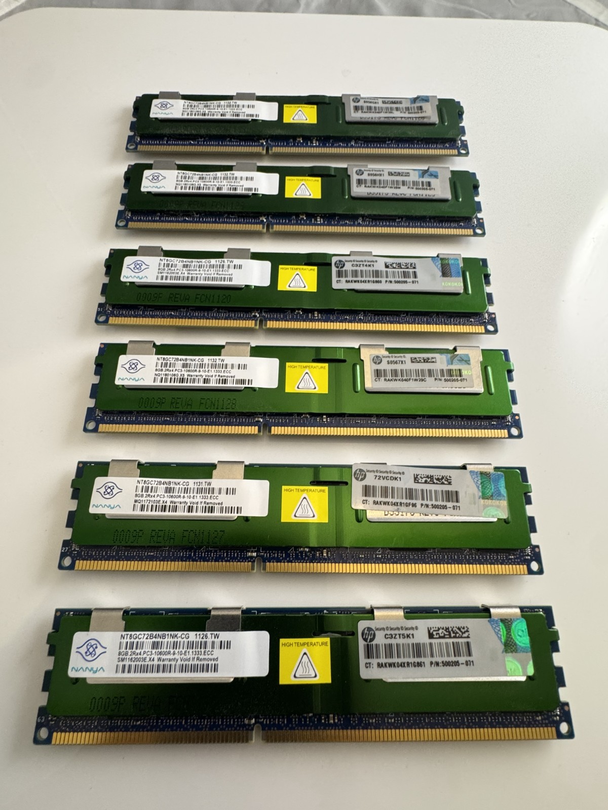 LOT OF 6 NANYA 8GB 2Rx4 PC3 10600R-9-10-E1 1333 ECC RAM NT8GC72B4NB1NK-CG