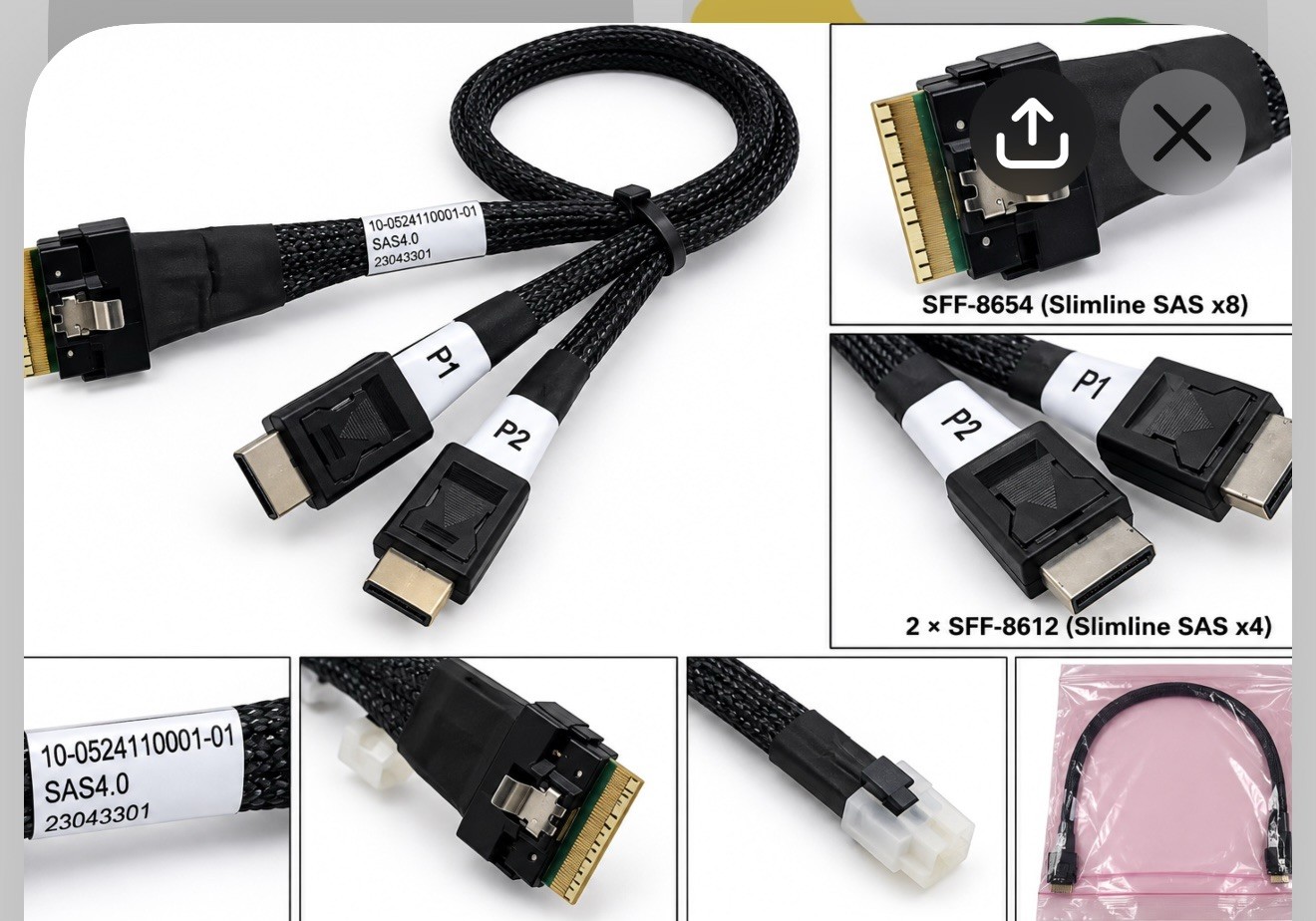 NEW SlimSAS 8i SFF-8654 to 2x OCuLink 4i SFF-8611 Cable - 0.5M