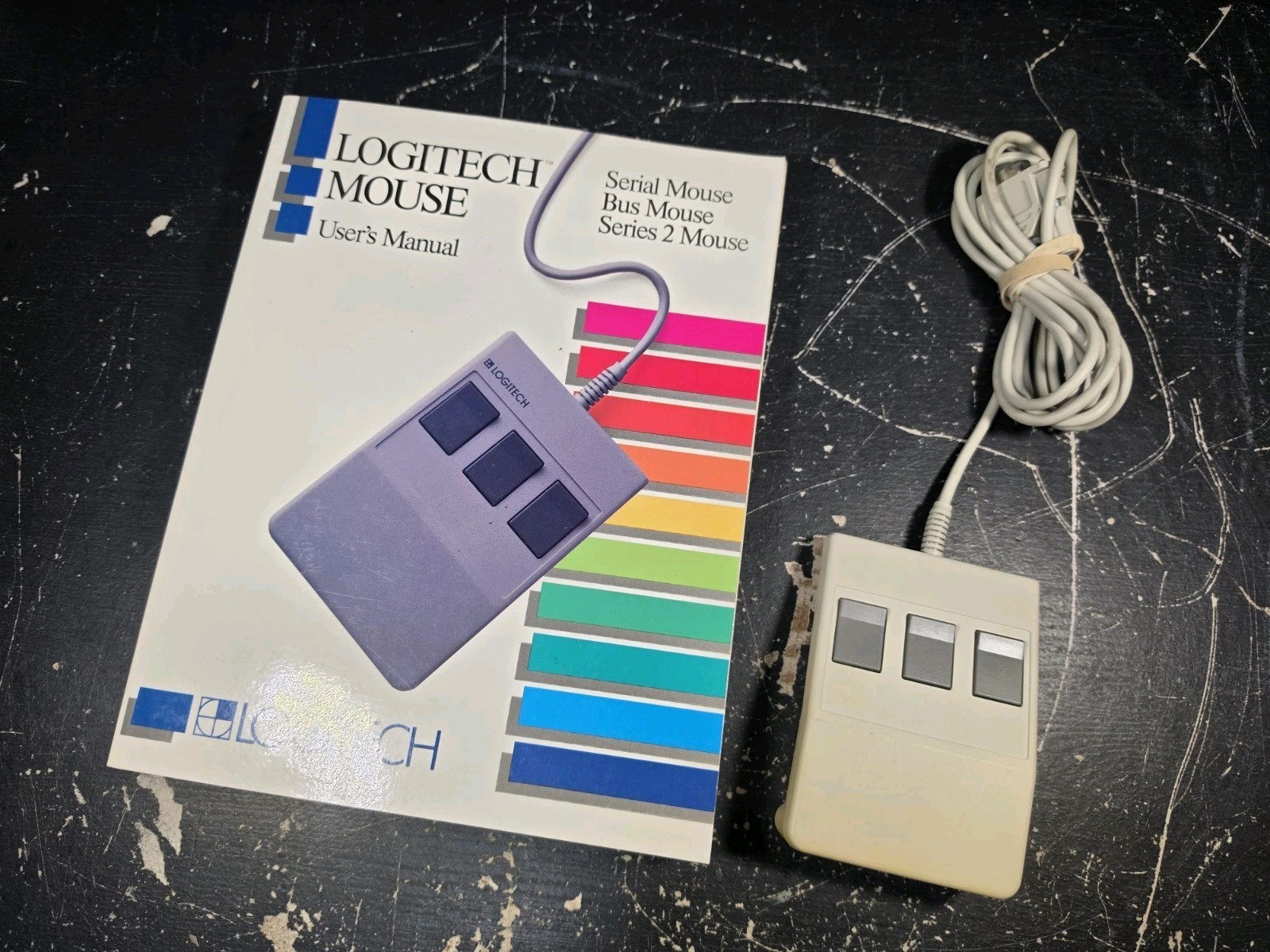 Vintage LOGITECH Mouse Model C7-3F-9F Serial Three Button + Original Manual