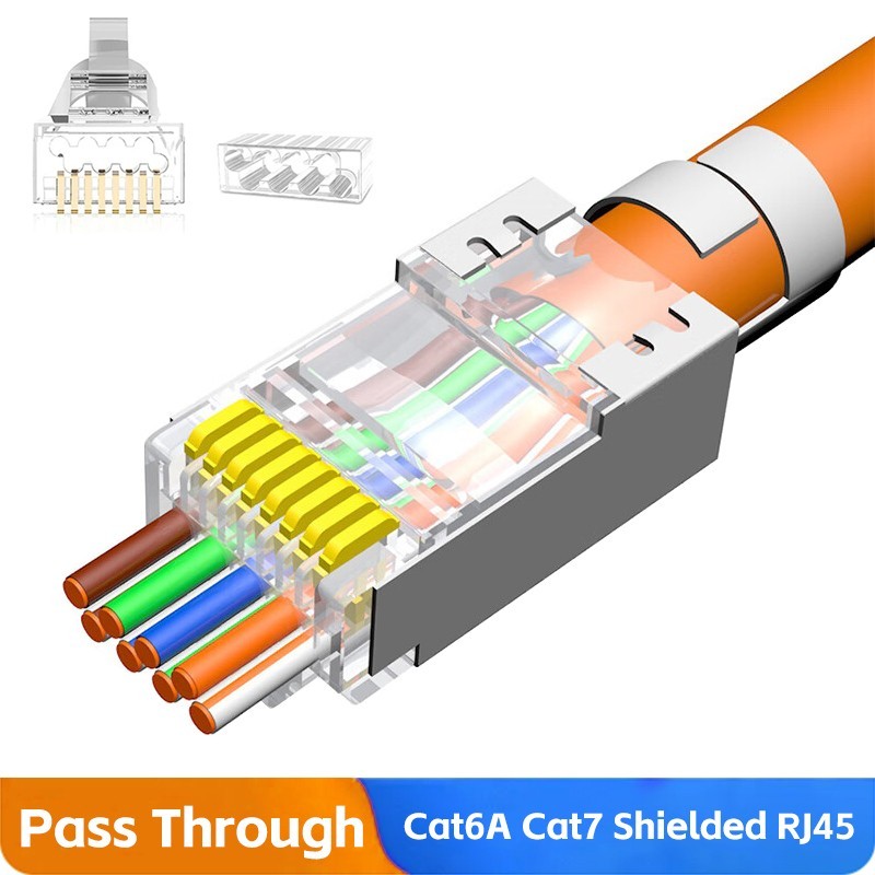 Cat6A Cat7 Pass Through Shielded RJ45 connectors 8P8C Gold Plated Modular Plug
