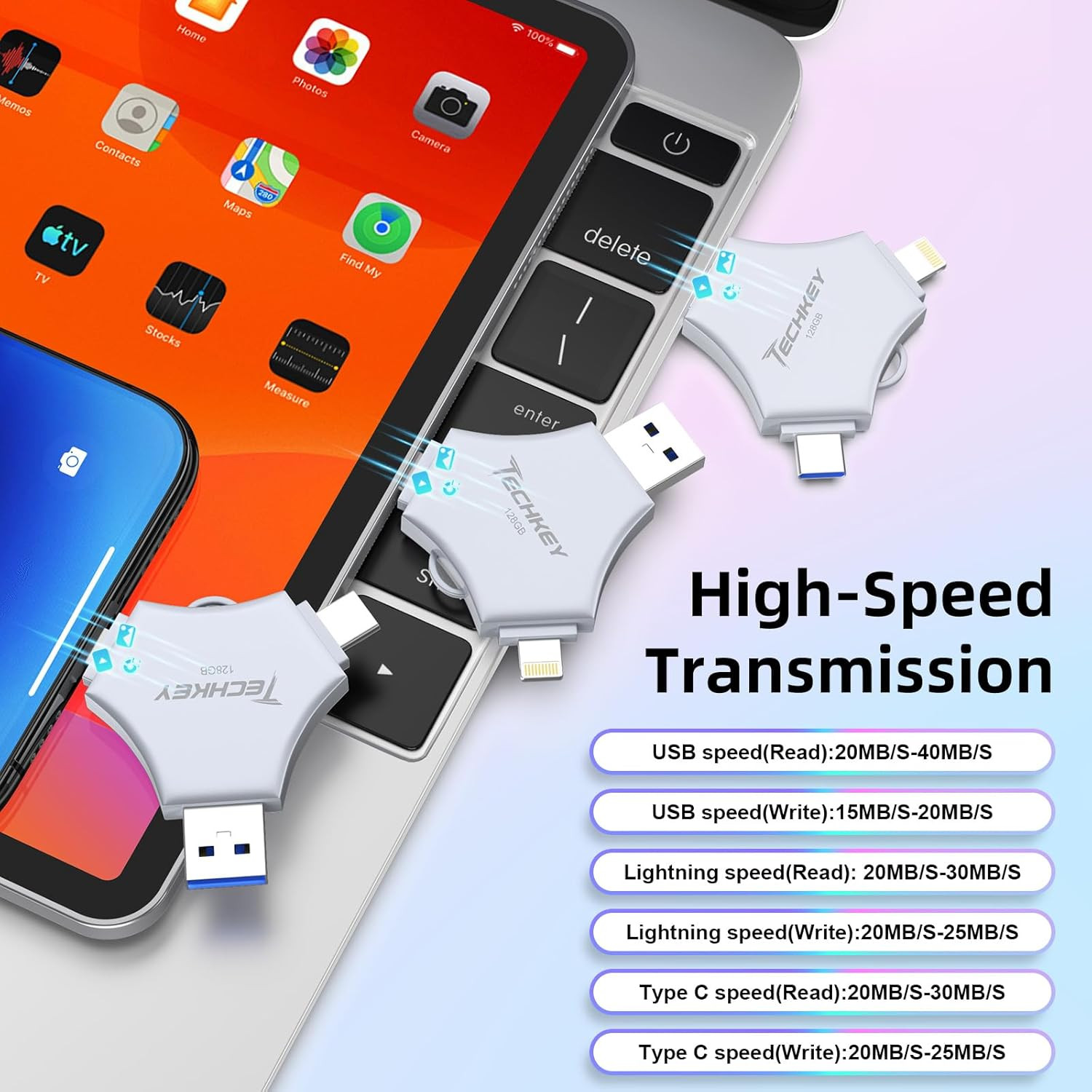 Mfi USB 3.0 Flash Drive 128GB 3-In-1 External Memory Photo Keeper for Iphone/Pc