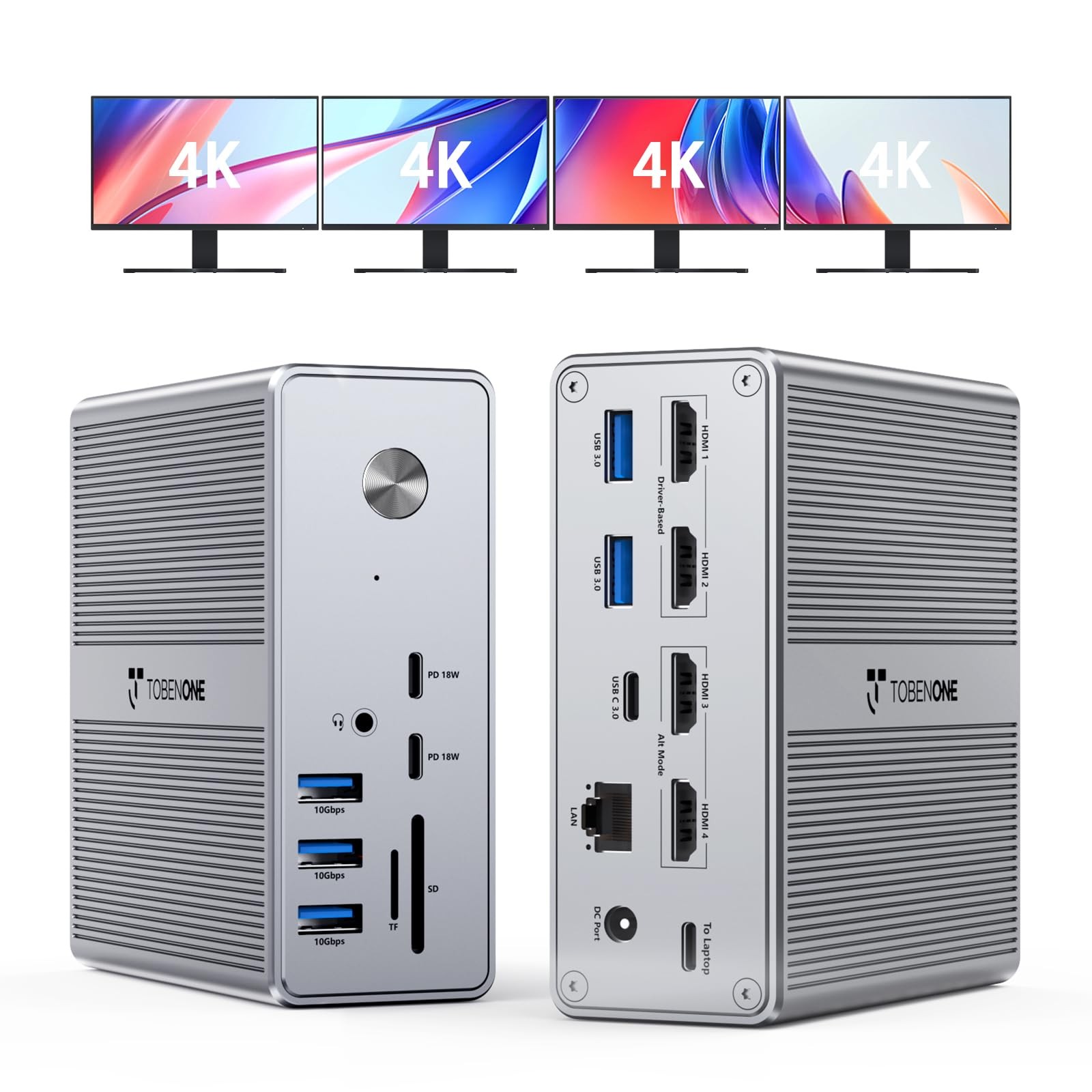 TobenONE 18-in-1 DisplayLink Docking Station 4 Small, Grey-120W power adapter