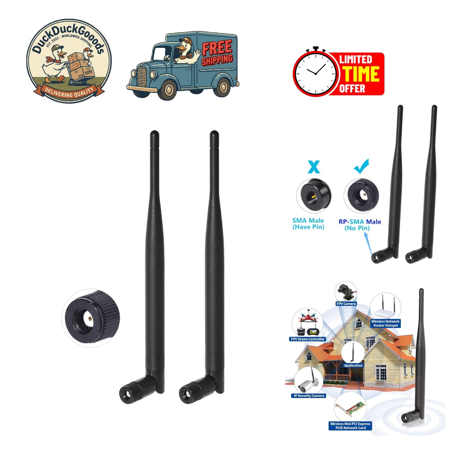 2-Pack Dual Band RP-SMA Antennas with 6dBi Gain for WiFi Routers and Cameras