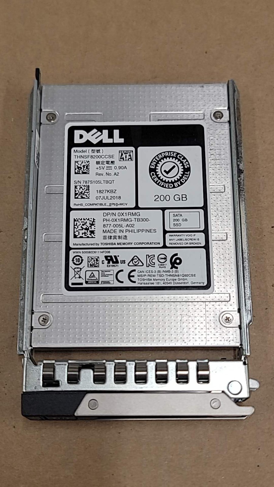 Dell X1RMG 0X1RMG  THNSF8200CCSE 200GB 2.5" Mixed-Use MLC SATA SSD W/Caddy