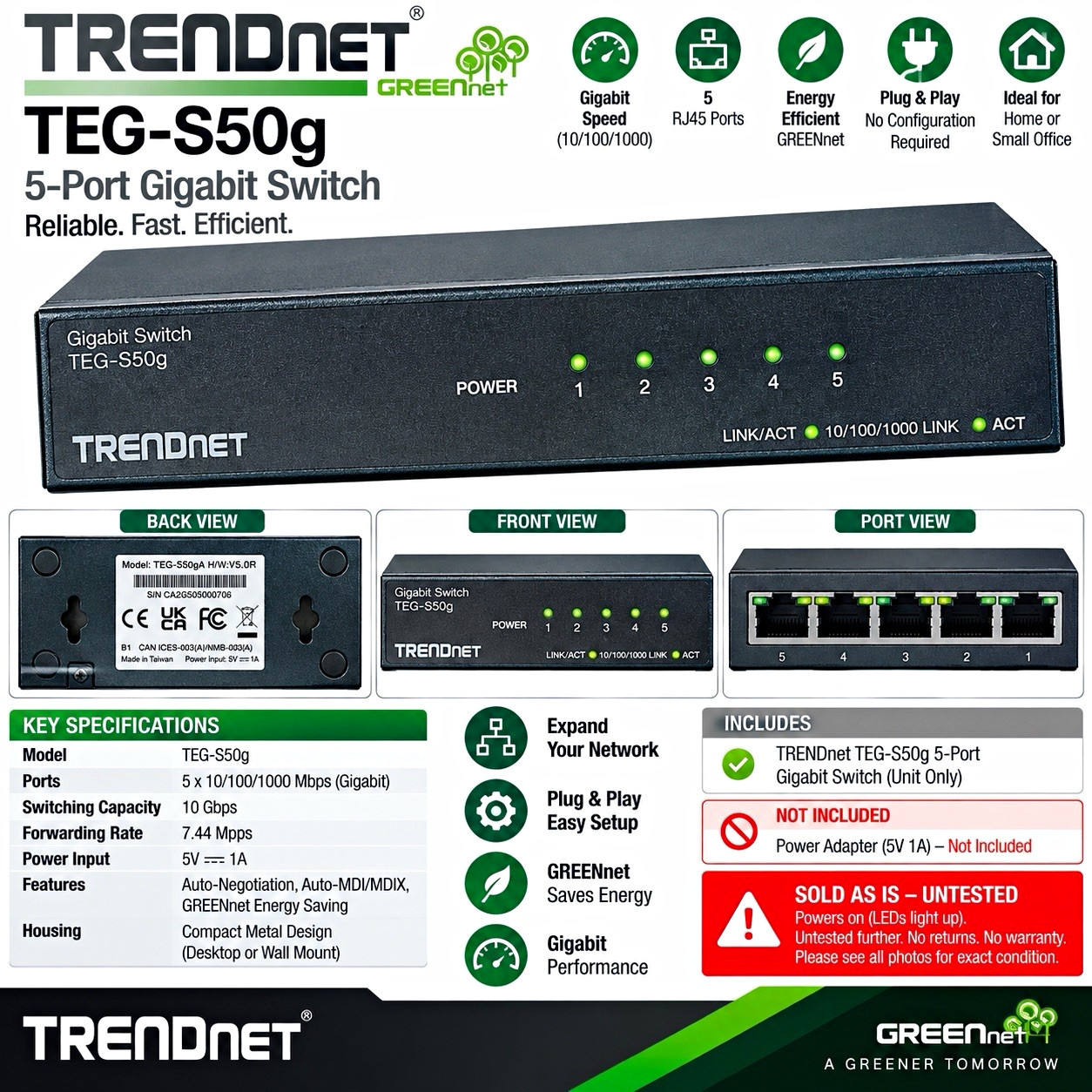 TRENDnet GREENnet TEG-S50g 5-Port Gigabit Unmanaged Desktop Switch RJ-45
