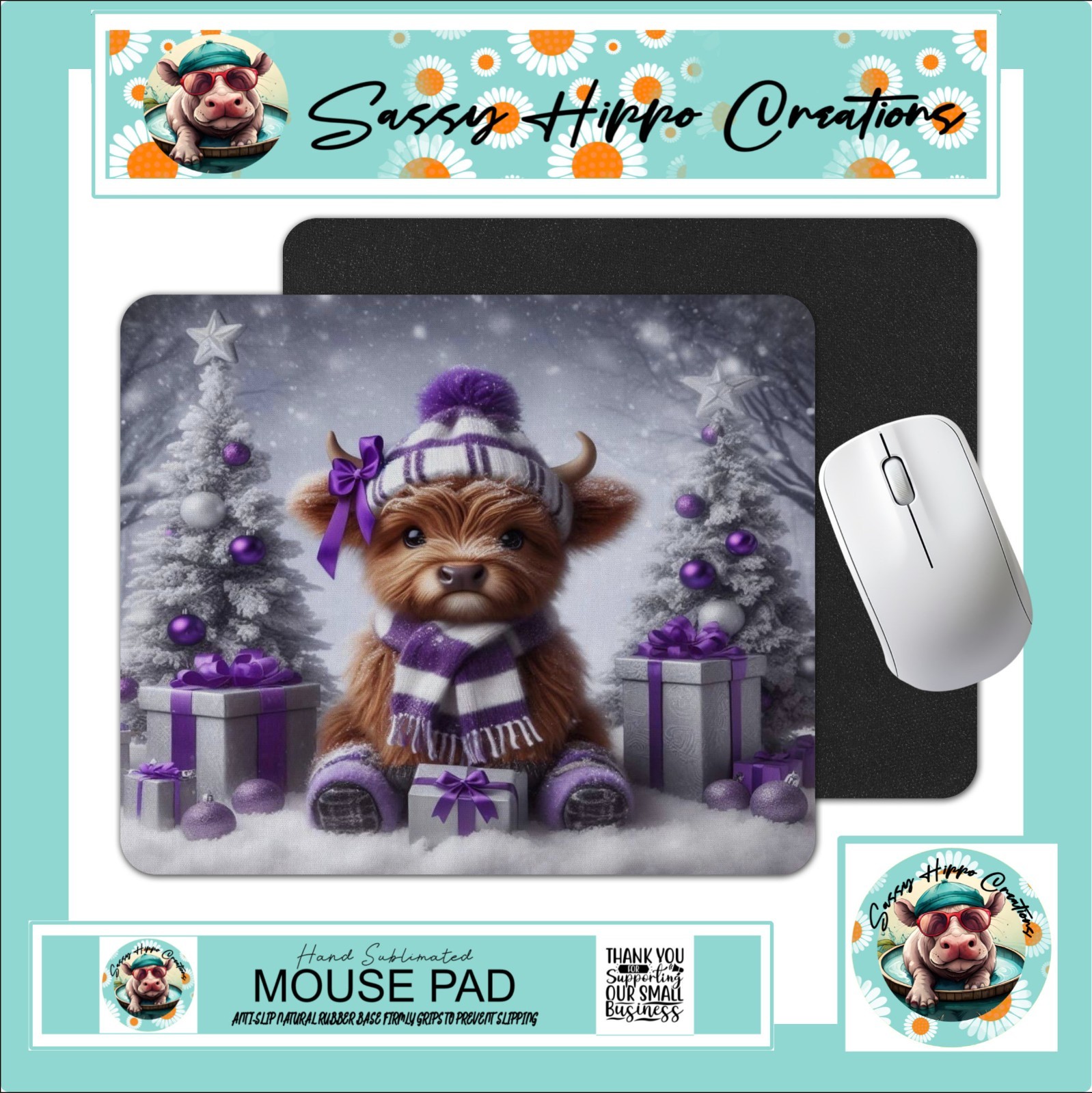 Mouse Pad Adorable Highland Cow Calf Purple Christmas Anti Slip Back Easy Clean
