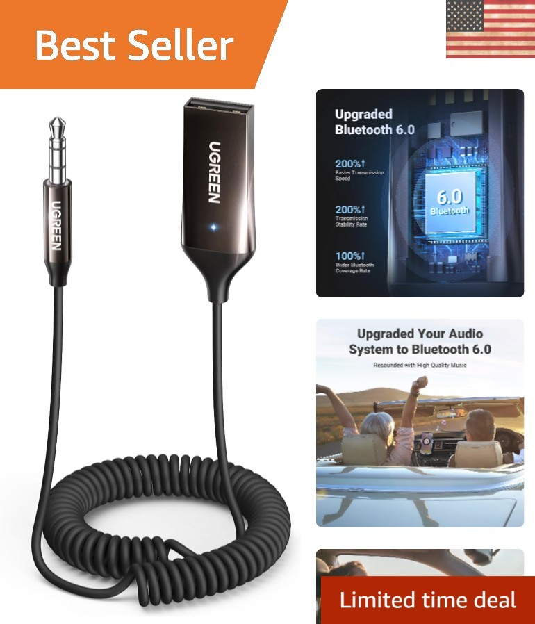 Compact Aux to Bluetooth Adapter with Built-In Microphone for Safe Driving