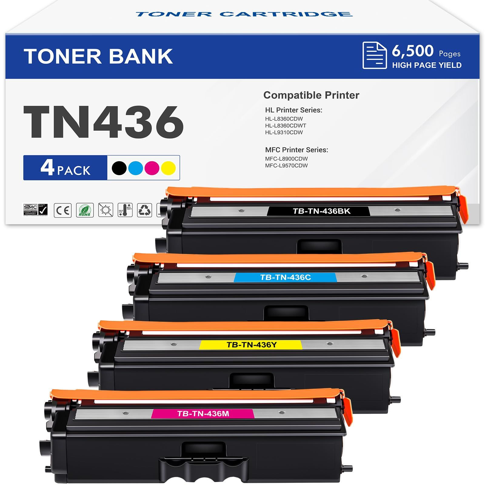 TN436 TN-436 High Yield, Toner Cartridge 4 Black Cyan Yellow Magenta