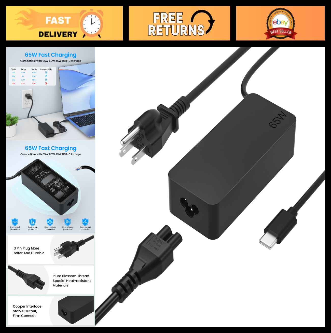 Universal USB-C 65W 45W AC Charger for Laptops, Dell, Lenovo, Asus, Samsung, Ace