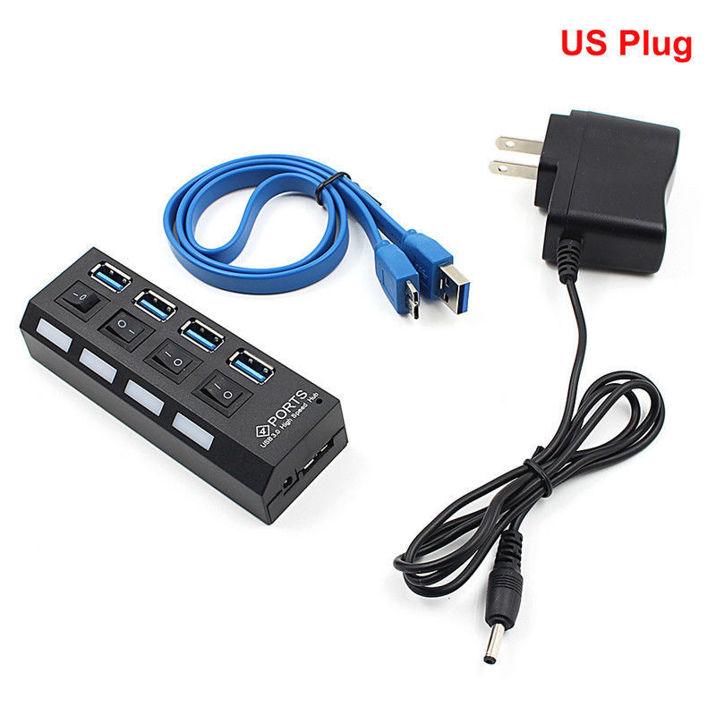 USB 3.0 HUB On/Off Switch with AC Power Adapter Cable For PC Laptop 4 or 7 Port