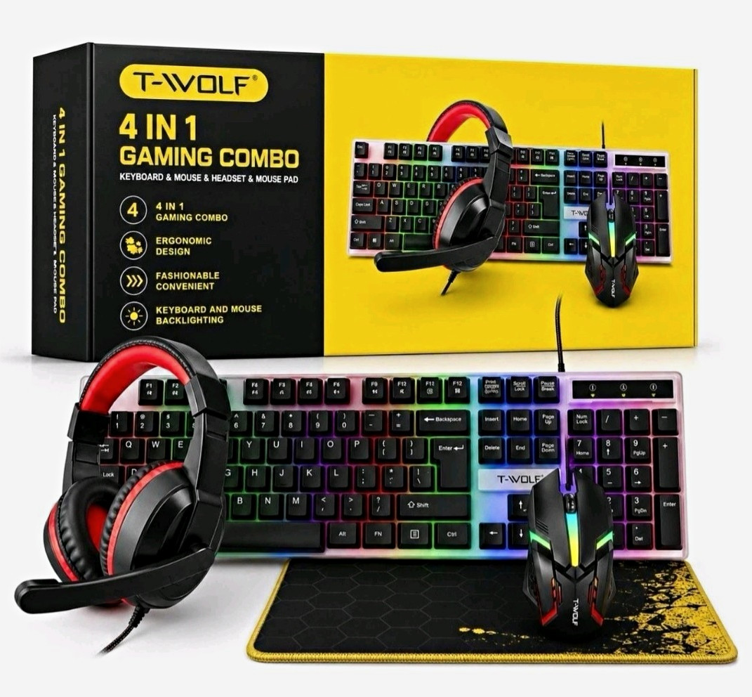 T-WOLF 4-in-1 Wired Illuminated Gaming Combo: Keyboard Mouse Headset Pad