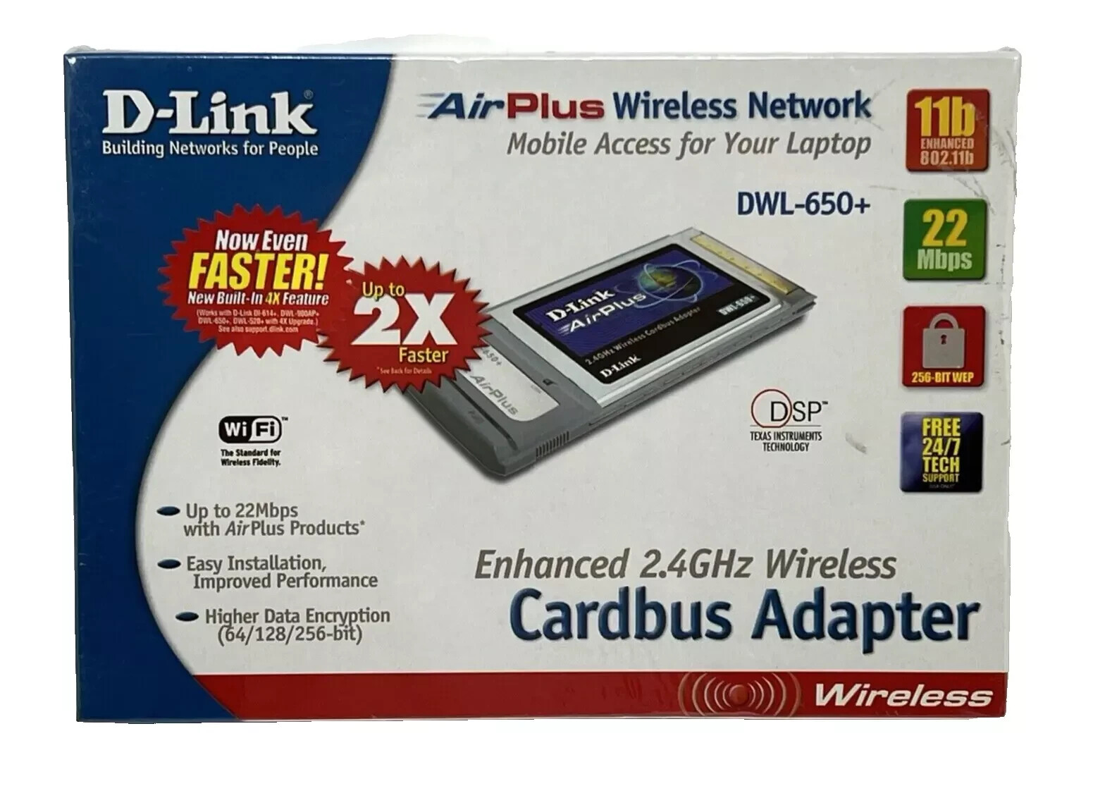 D-Link Air Plus DWL-650+ Wireless Cardbus Adapter 2.4GHz 22Mbps New Sealed