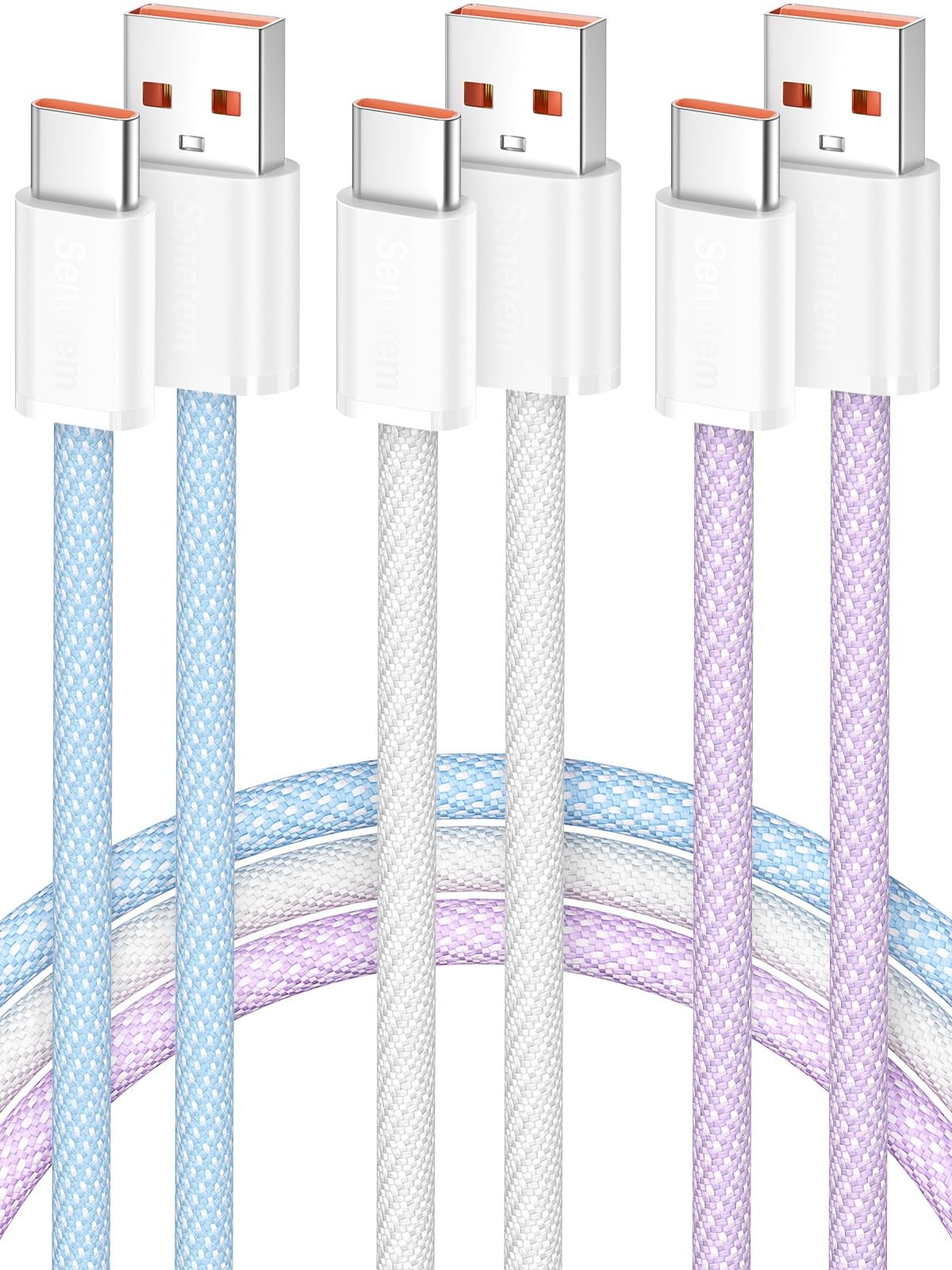 3 Pack USB A to C Cable 3FT Fast Charging Cord White Blue Purple