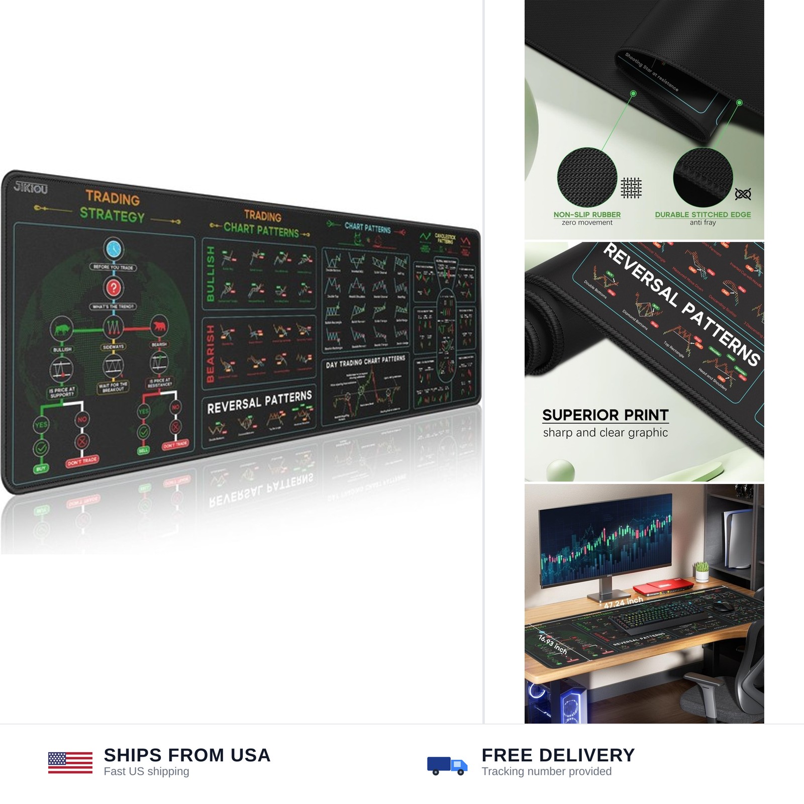 JIKIOU Stock market day trader mouse pad non-slip stitched edges black washable