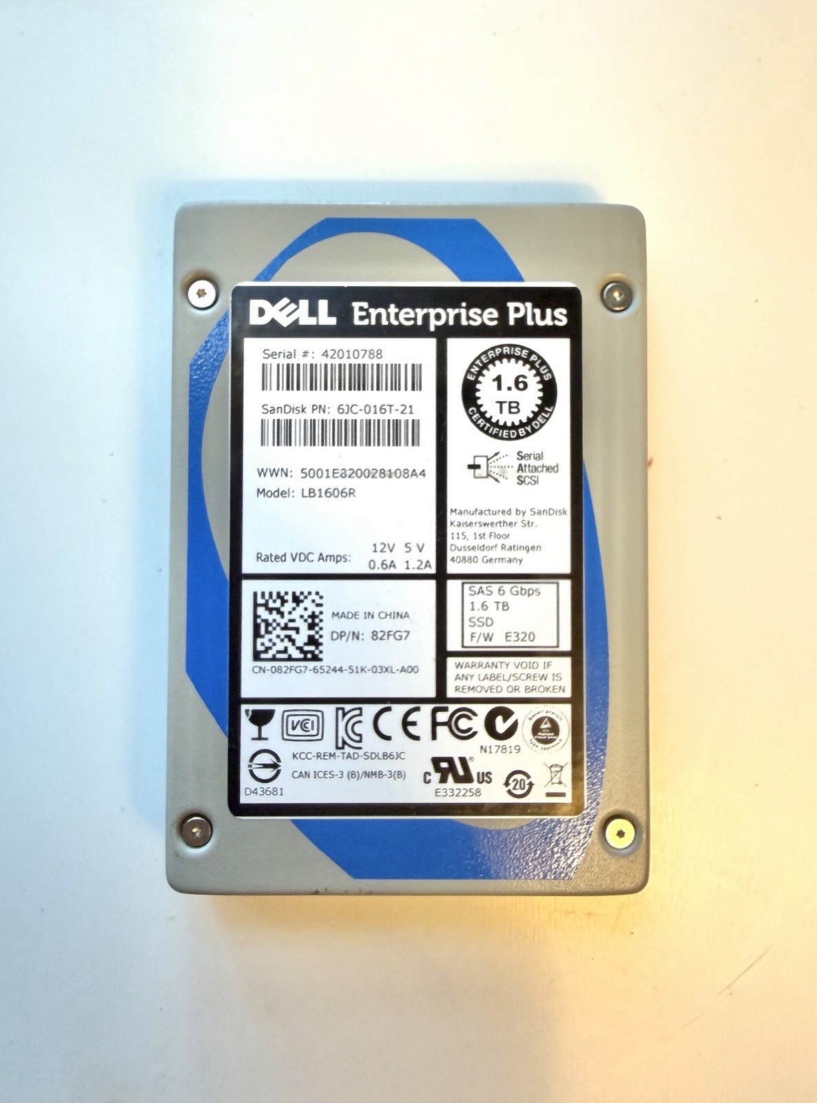 Dell Enterprise Plus 1.6TB SAS SSD 6Gbps LB1606R 82FG7 83%+ Health Tested