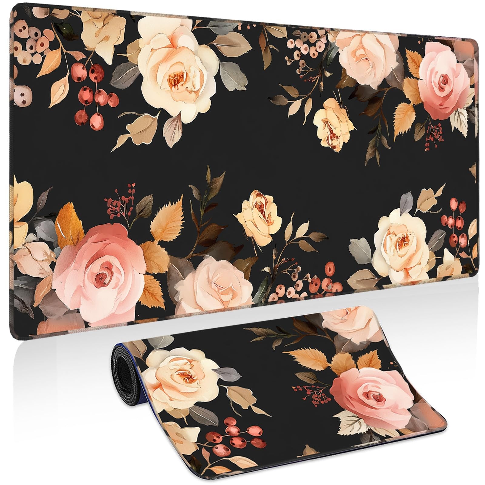 Colorful Flowers Large Pad,35.7"X 15.7" Pink Floral Desk Mat for Keyboard and...