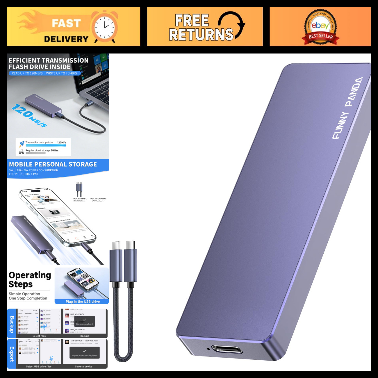 128GB Portable Flash Drive - High-Capacity Storage for Phones & Laptops, One-Cli