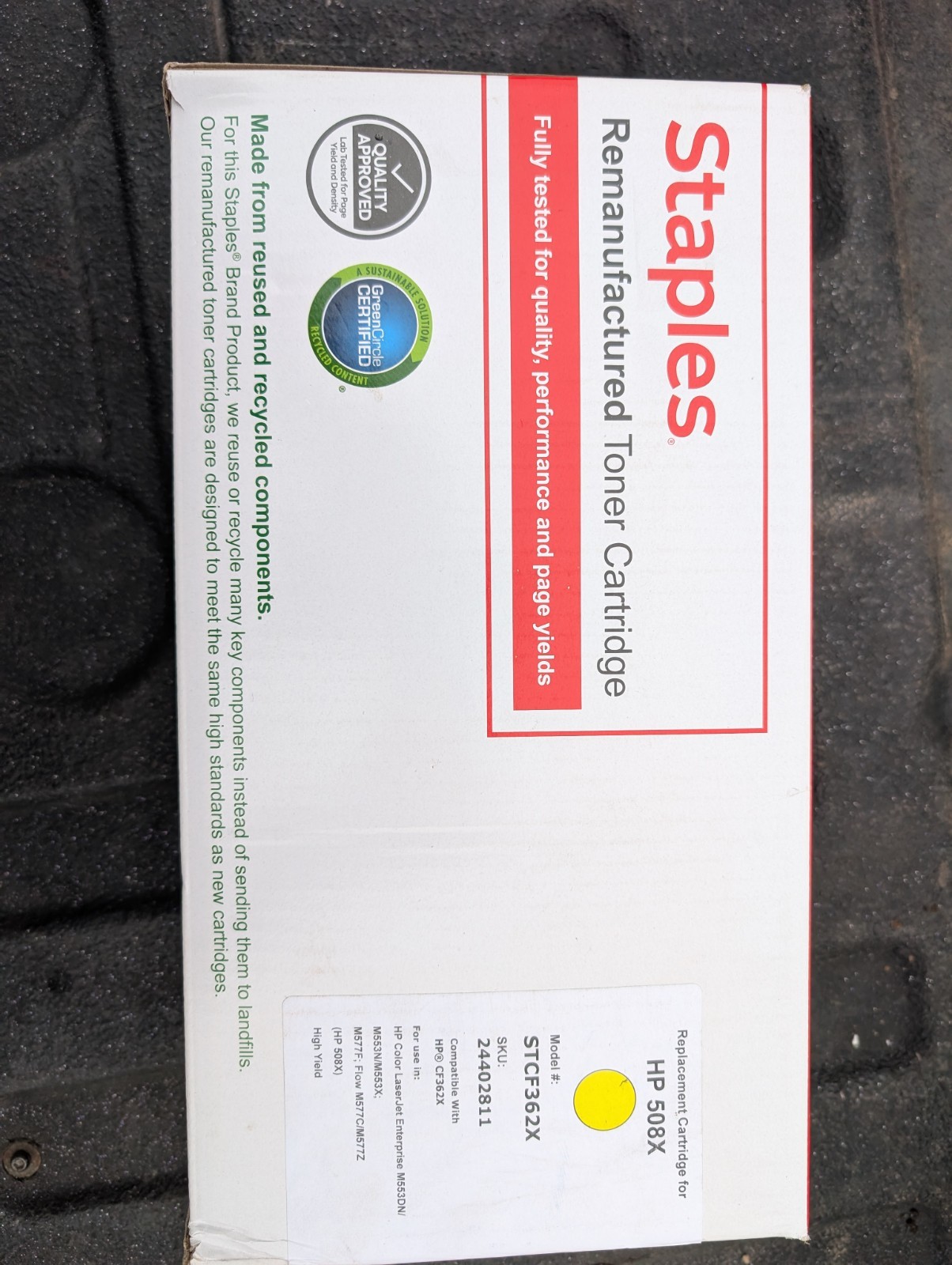New Open Box HP 508X High Yield Yellow REMAN LaserJet Toner Cartridge, CF362X 