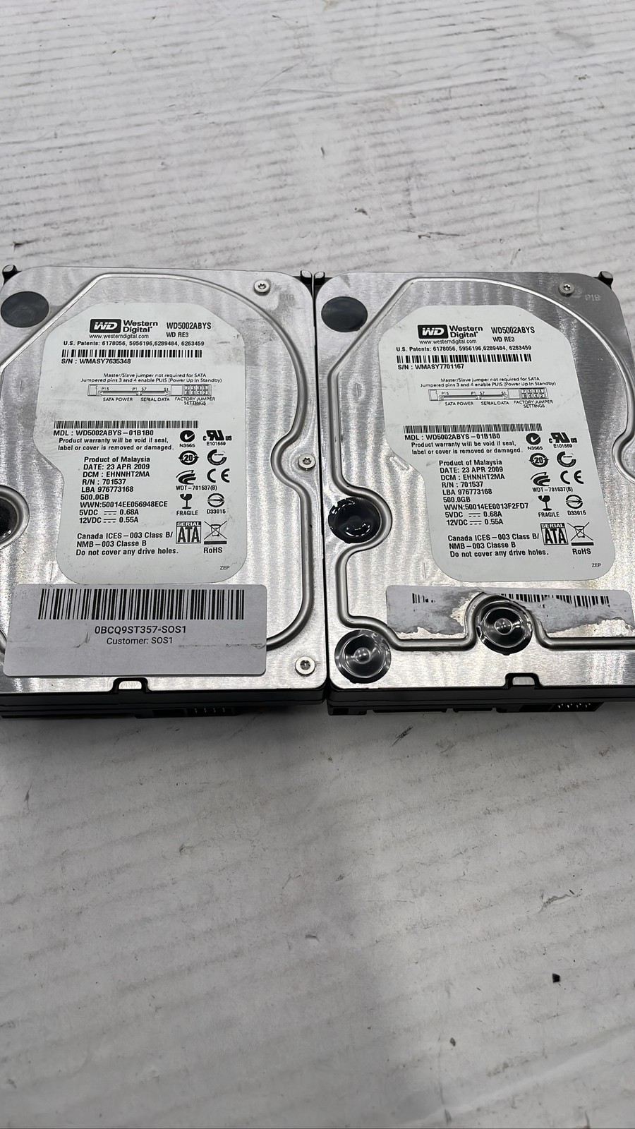 Western Digital WD5002ABYS RE3 500GB 3.5" Hard Drive Enterprise SATA Lot of 2