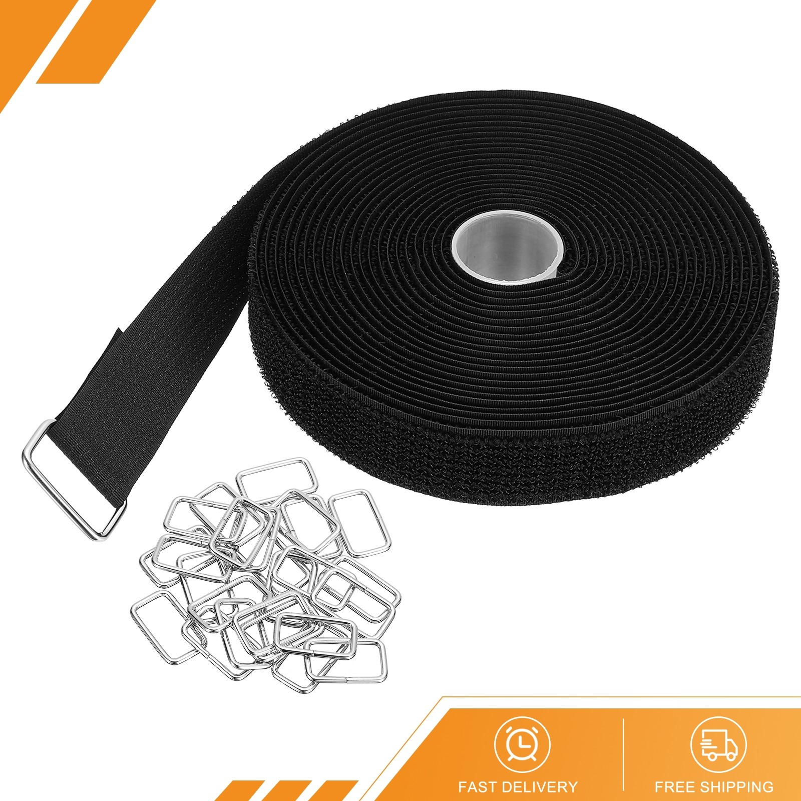 Hook and Loop Straps 1"x16 Ft with 25pcs Metal Buckle Black