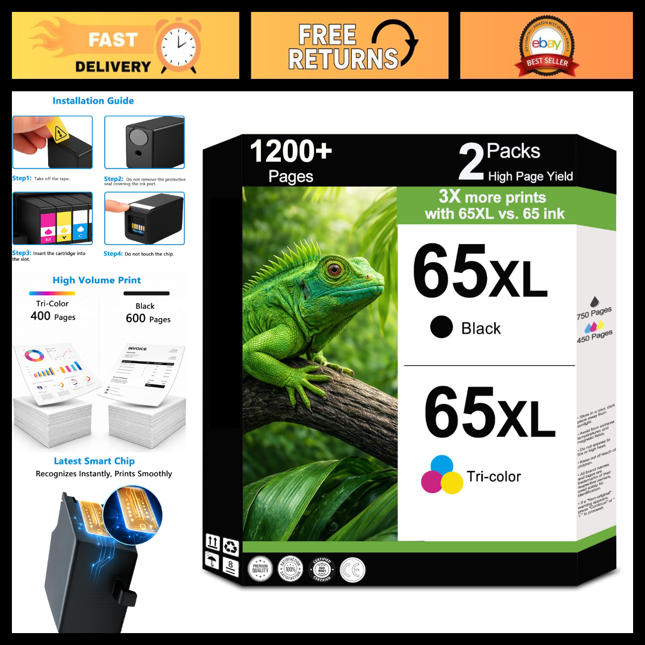 65XL Ink Cartridge Combo Pack - Black & Tri-Color for Officejet, Envy, DeskJet P