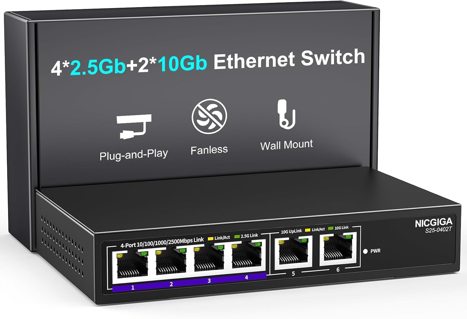 10Gbe Ethernet Switch Unmanaged with 2 x 10Gb RJ45 Ports ➕ 4 x 2.5Gb Base-T P...