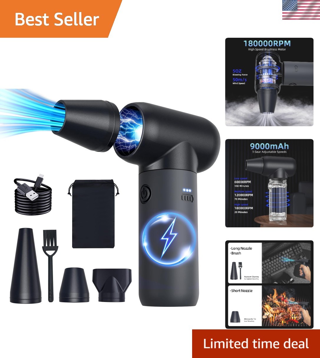 Ultra-Quiet Portable Air Duster - 180,000 RPM Jet Dryer for Home and Outdoor Use