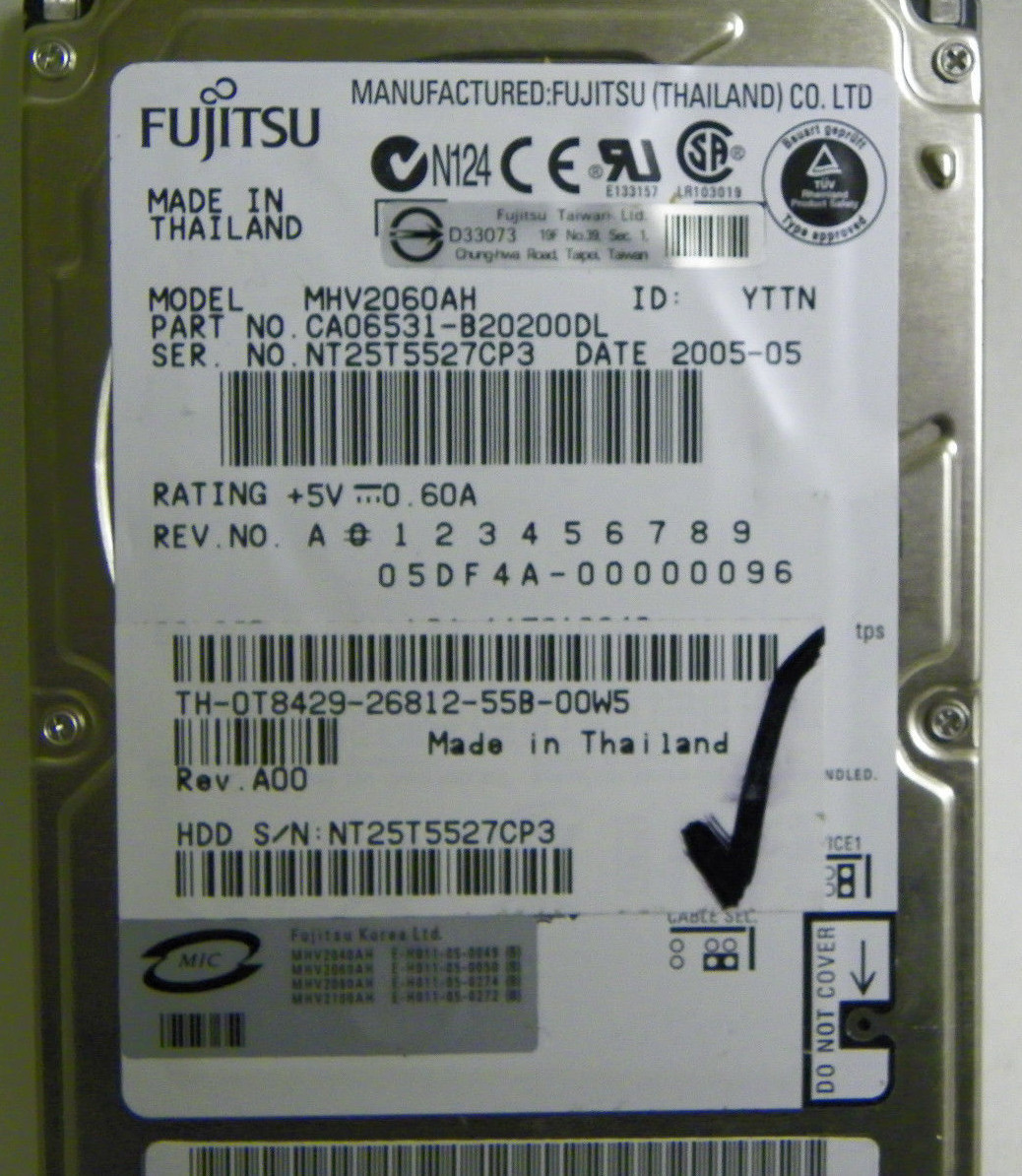 60GB Fujitsu MHV2060AH Laptop IDE Hard Drive P/N CA06531-B20200DL DP/N 0T8429