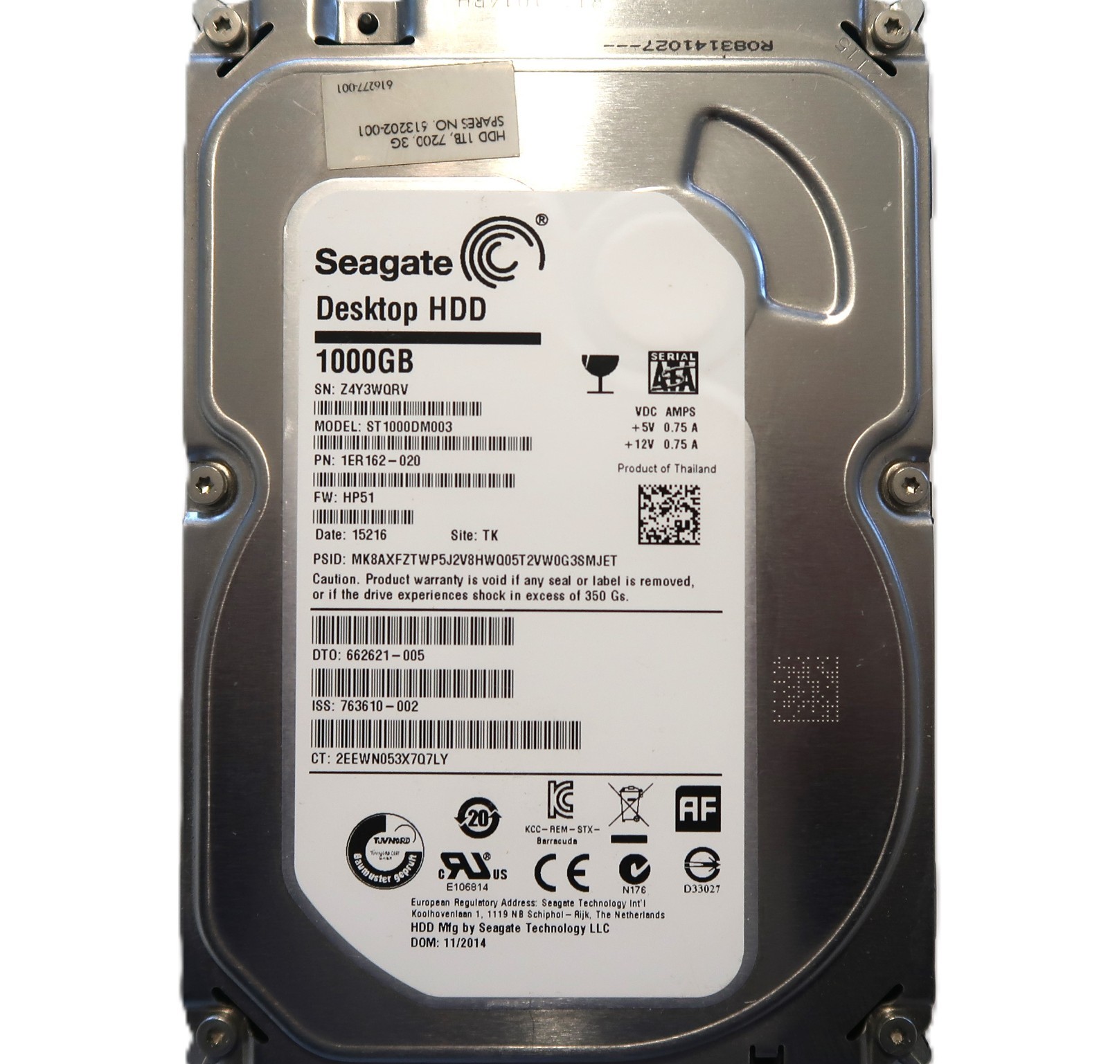 ST1000DM003 PN: 1ER162-020 FW: HP51 (Z4Y3) TK Thailand 1TB 3.5" Sata HDD 11/2014
