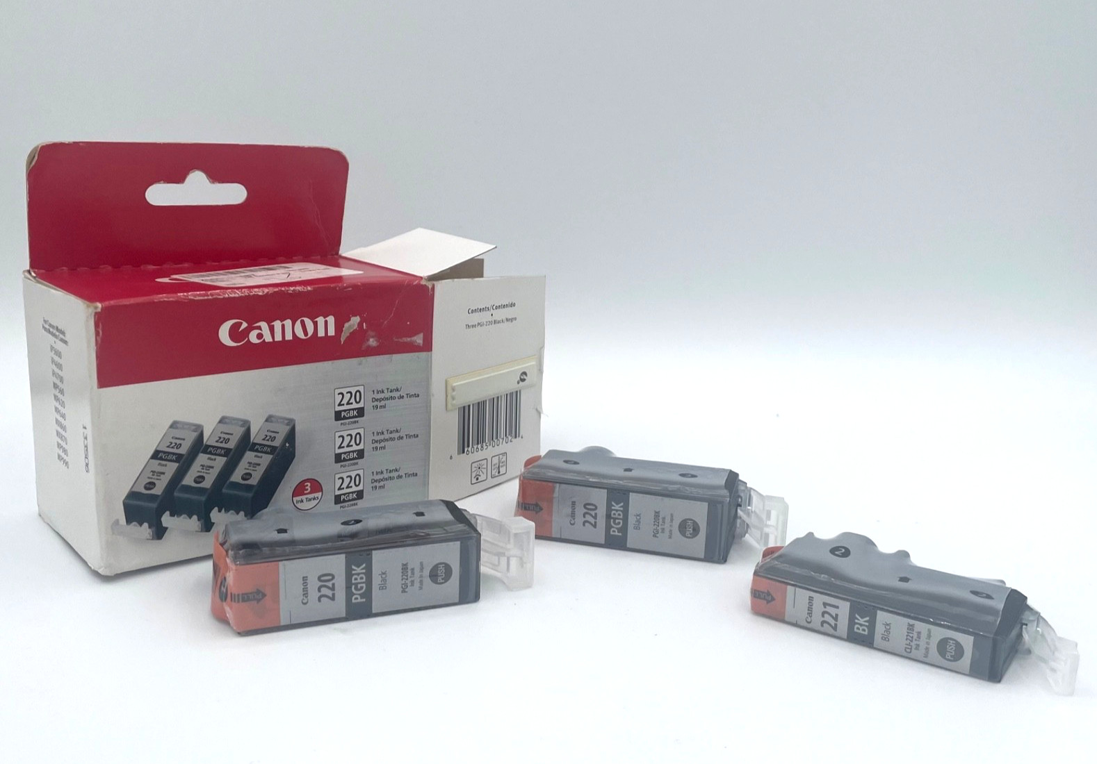 Canon PGI-220 Black Ink Cartridge Open Box 2 Unused & 1 Canon  CLI-221 Cartridge