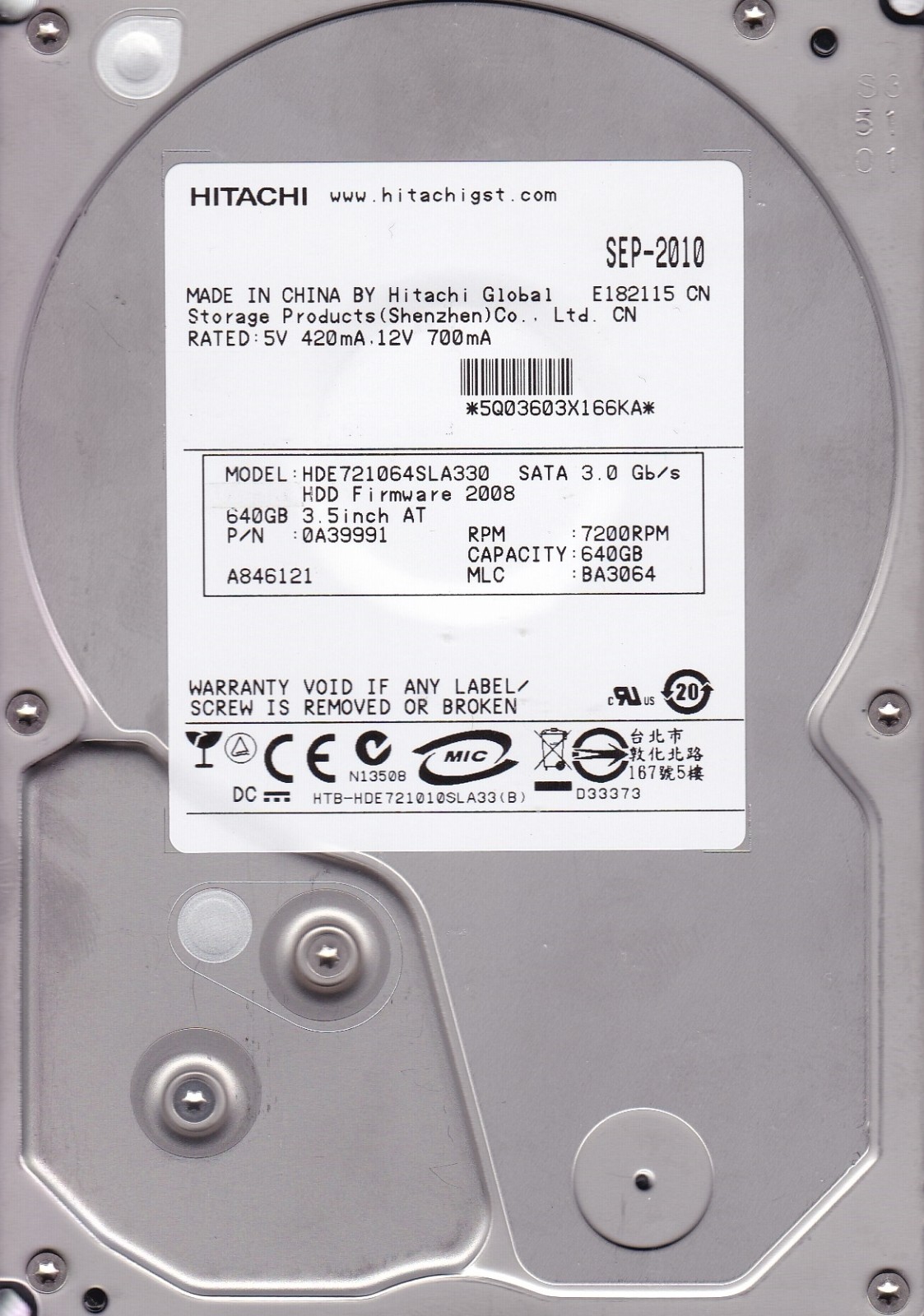 HDE721064SLA330  mlc: BA3064  p/n : 0A39991 Hitachi  640Gb  SATA  B3-8