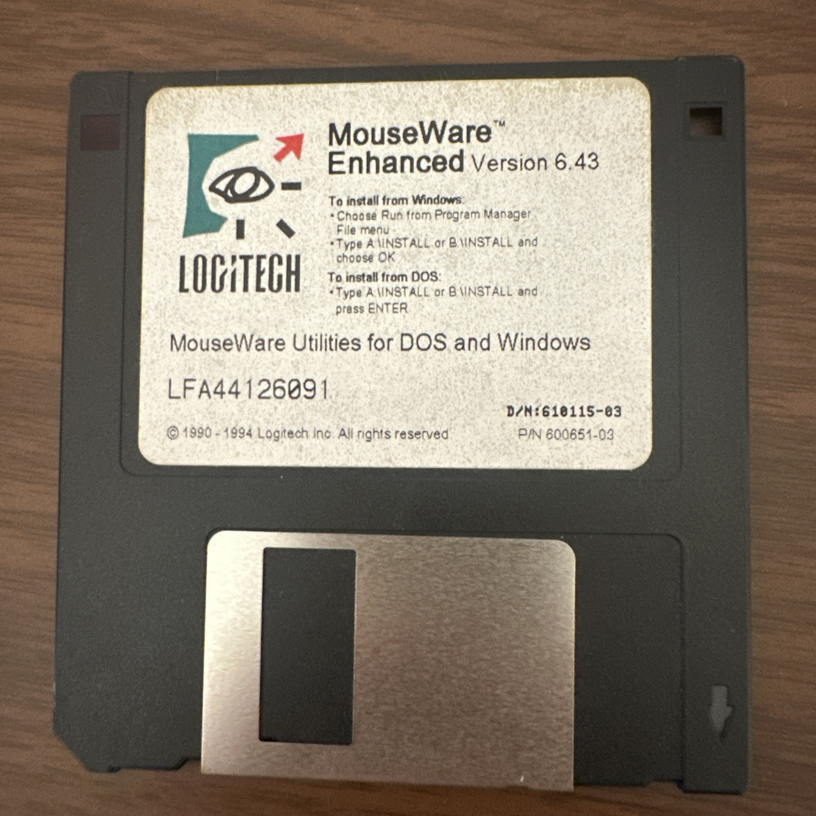 Vintage Logitech MouseWare Enhanced v6.43 DOS Windows 3.5” FloppyDiskLFA44126091
