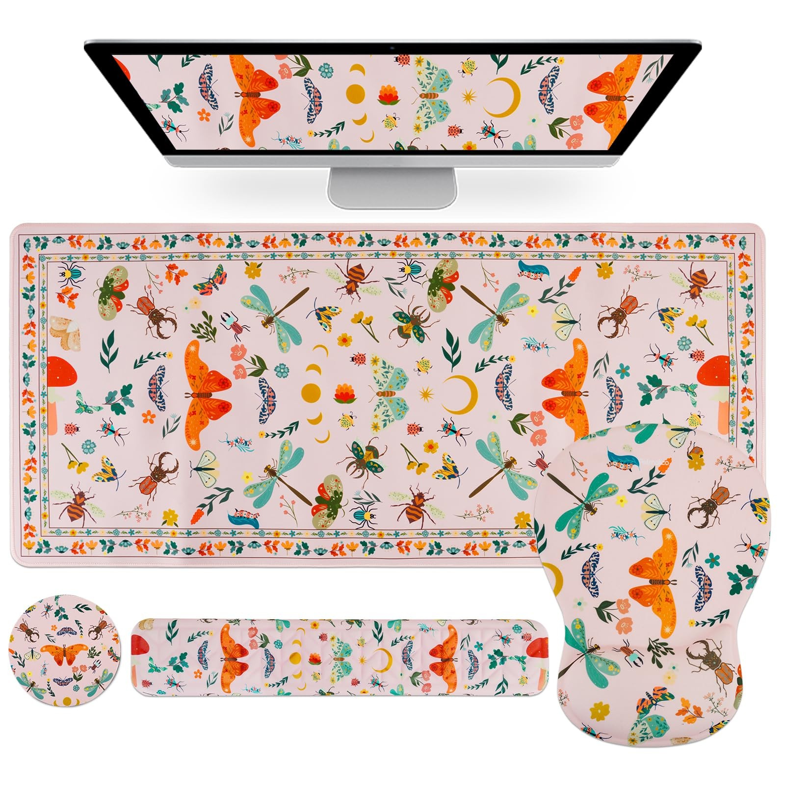 4-in-1 Wrist Rest Set with Desk Pad, Pink Insects