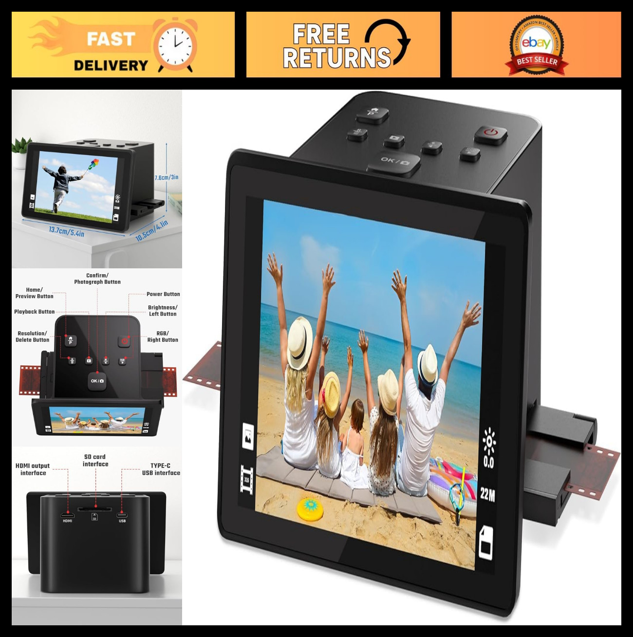 22MP Film & Slide Scanner, 5" LCD Display, Converts 35mm 126 110 Negatives