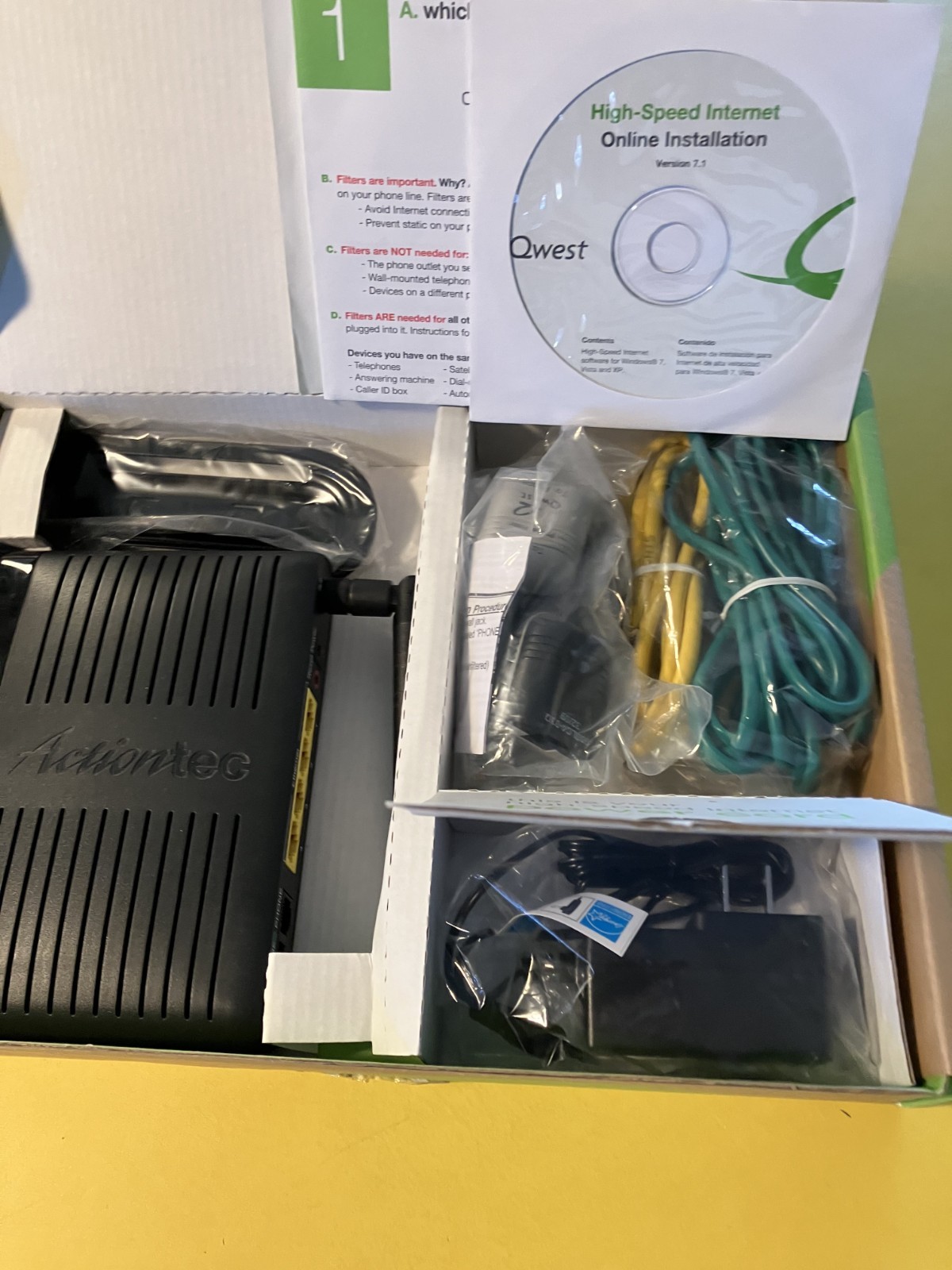 Qwest Actiontec PK5000 Wireless DSL Modem Router w/Power adapter Filters Cords