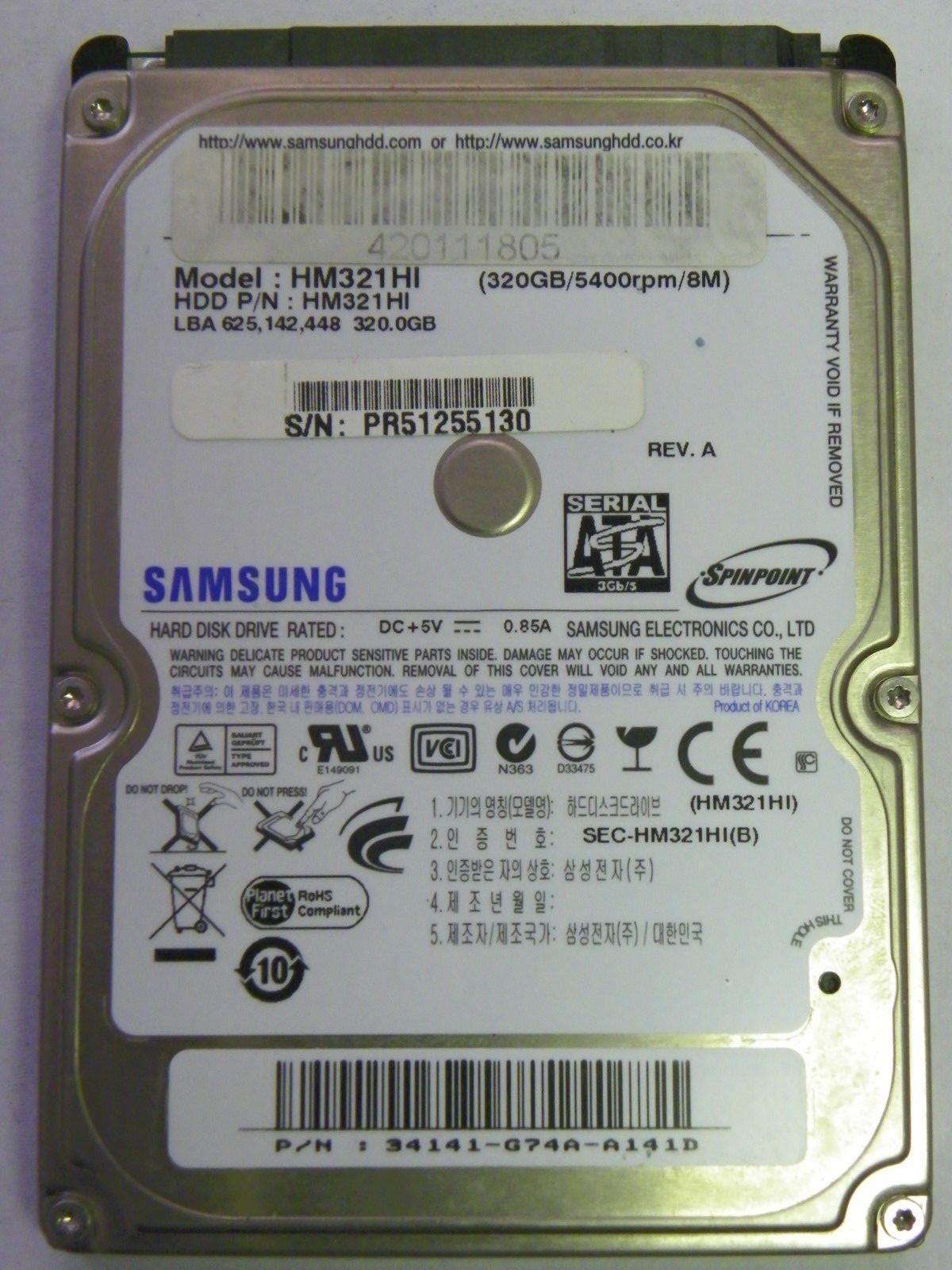 Samsung HM321HI Laptop 320GB 2.5" SATA Hard Drive 