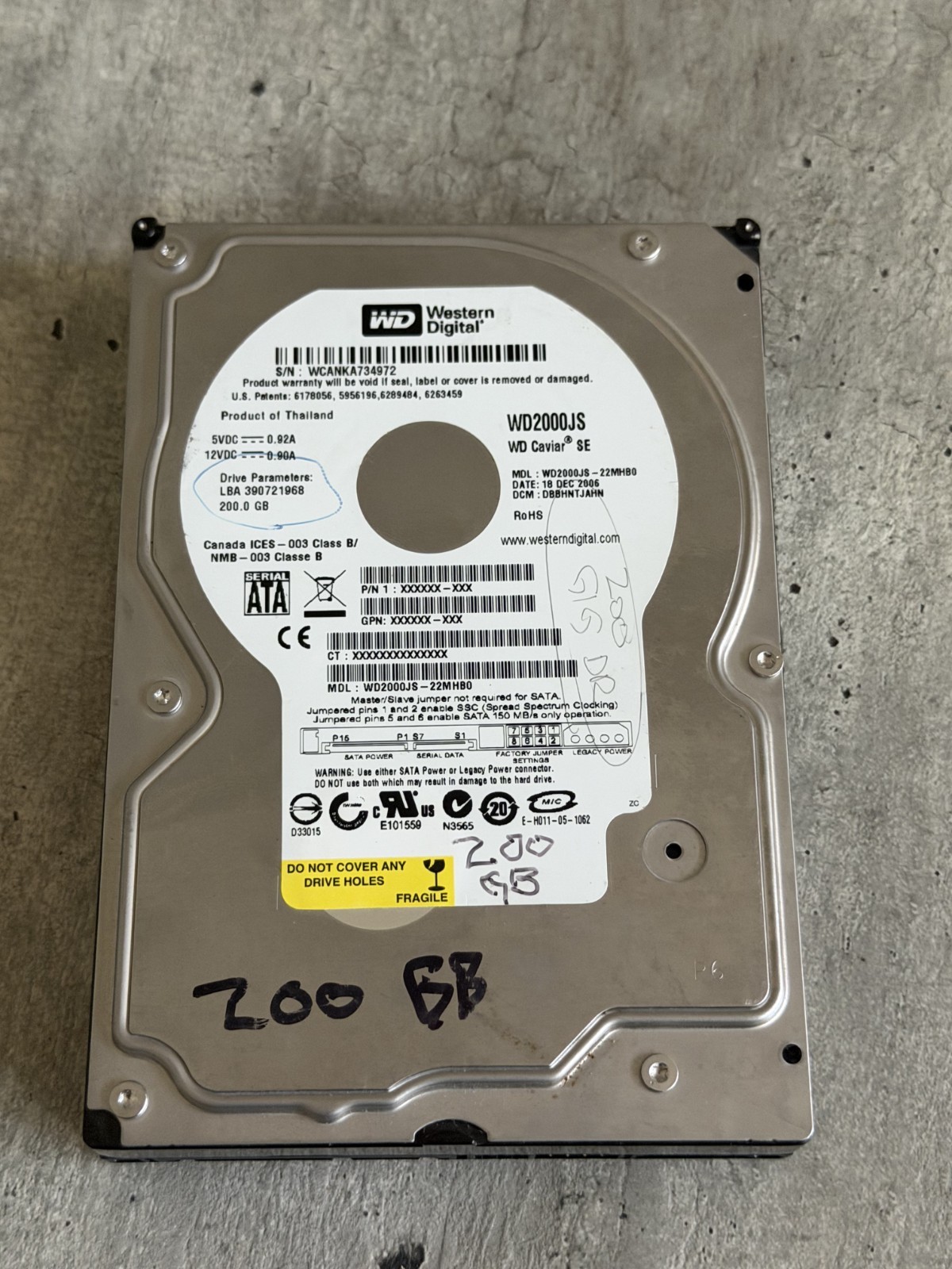 Western Digital Caviar SE SATA WD2000JS-22MHB0 200 GB HDD 3.5"  Hard Drive