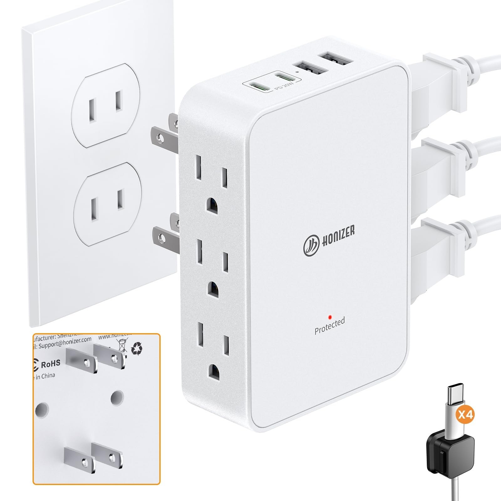2 Prong to 3 Prong Outlet Adapter, 6 AC Side Outlets, PD 20W USB C, 2 Prong P...