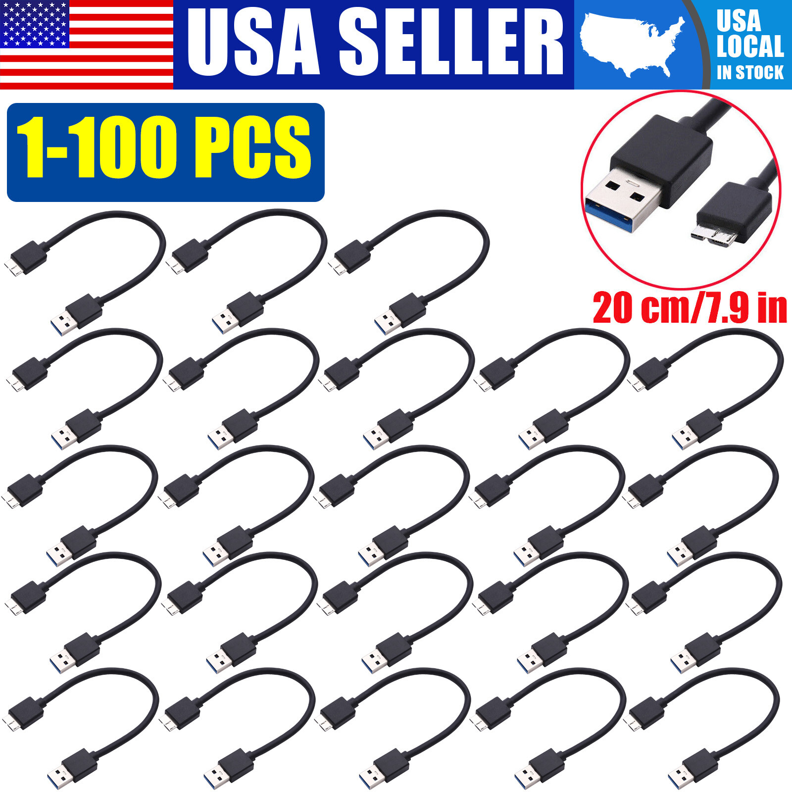1-100PCS USB3.0 AM to Micro-B Mobile Hard Disk Hard Drive Data Cable Cord 5G Lot
