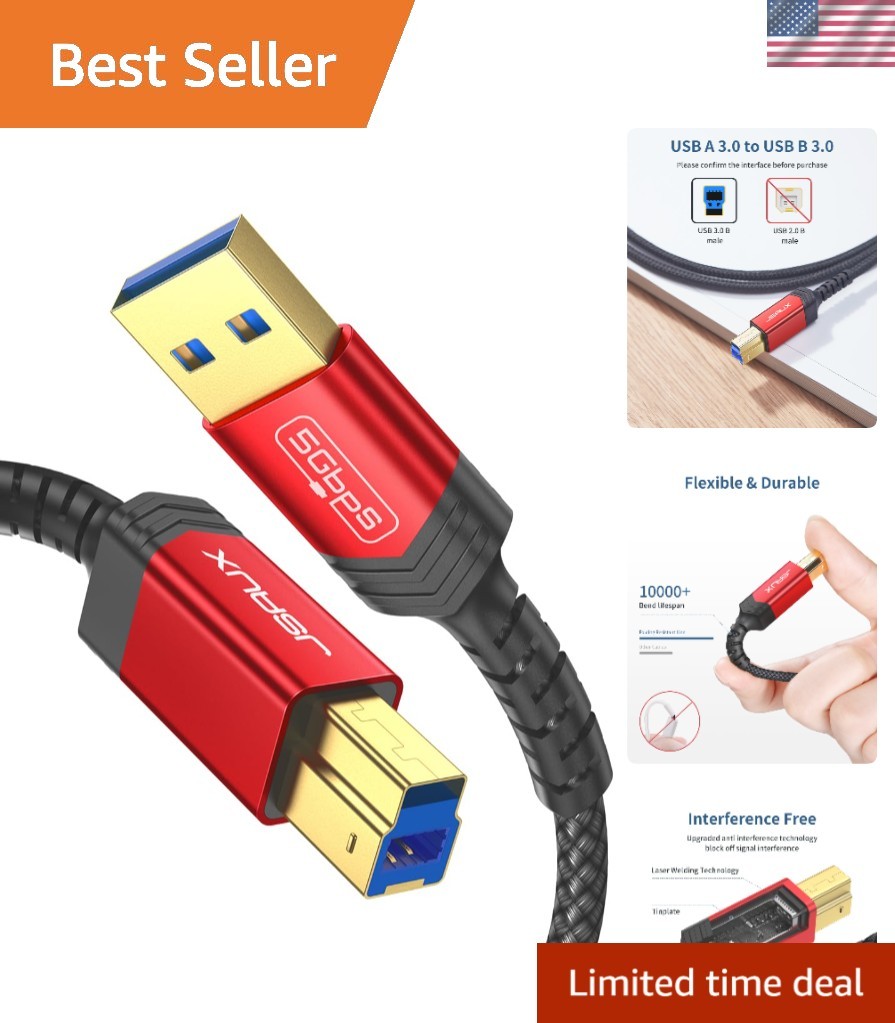 Nylon Braided USB 3.0 Type A to B Cable - 5 Gb/s, Ideal for Printers & Scanners