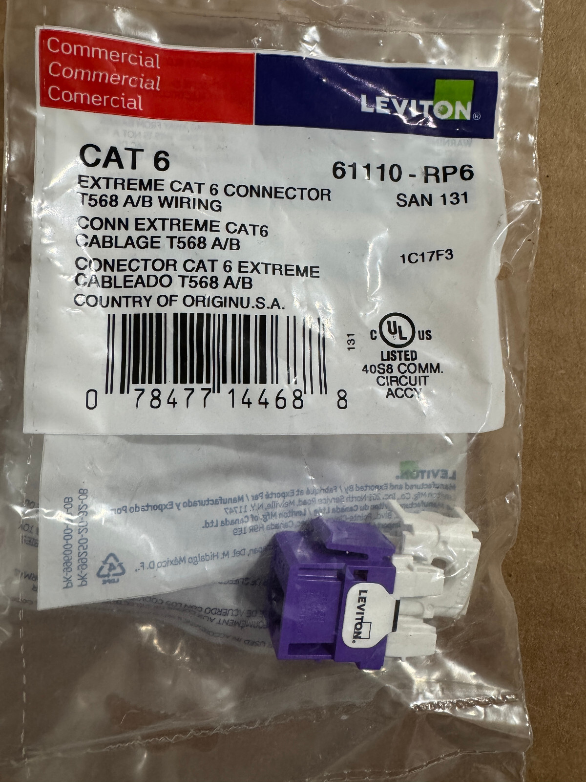 Leviton 61110-RP6 Extreme Cat 6 Connector Jack T568 A/B Wiring New in Sealed Pak