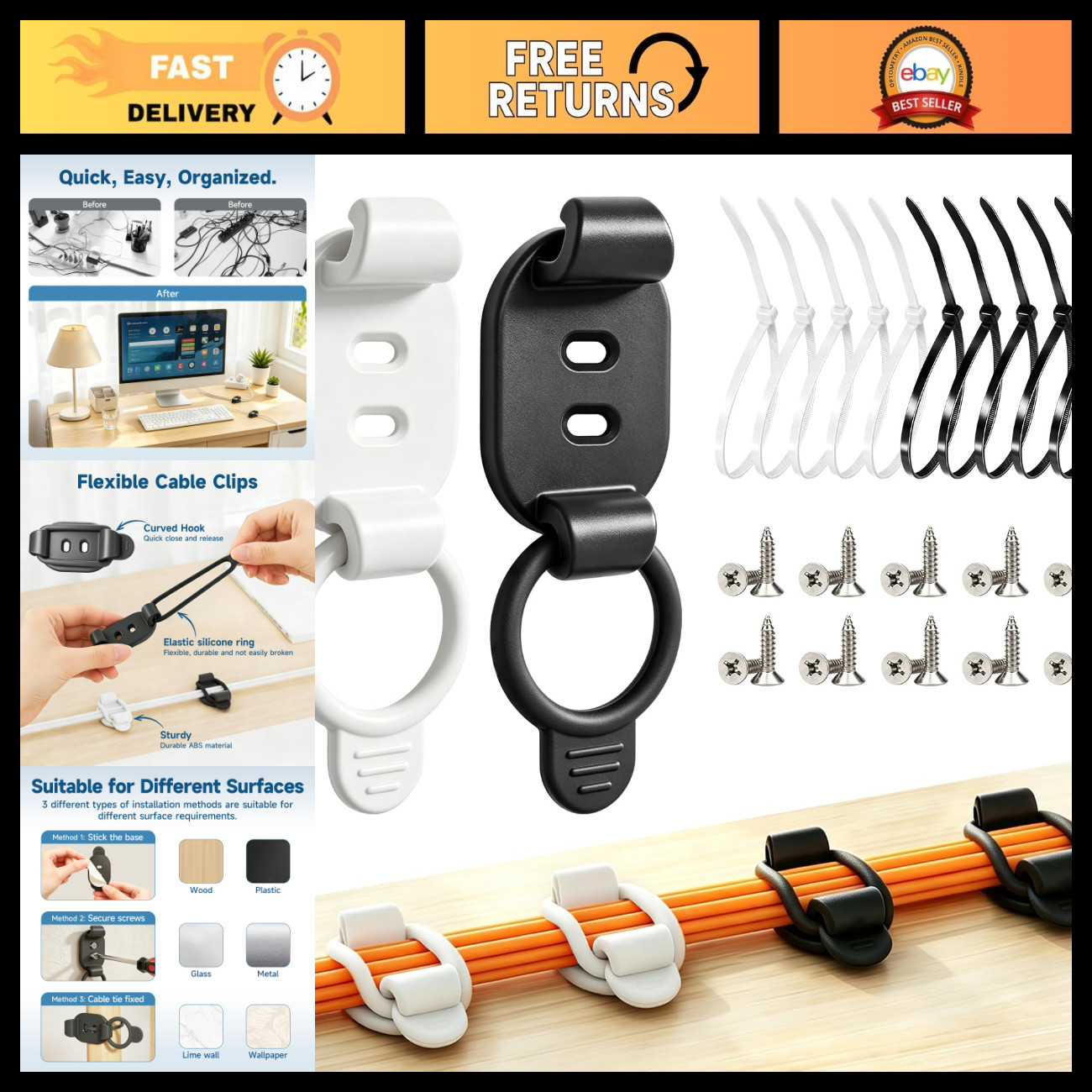 20 Sets Adjustable Cable Management Clips - Self-Adhesive Cord Organizer for Hom