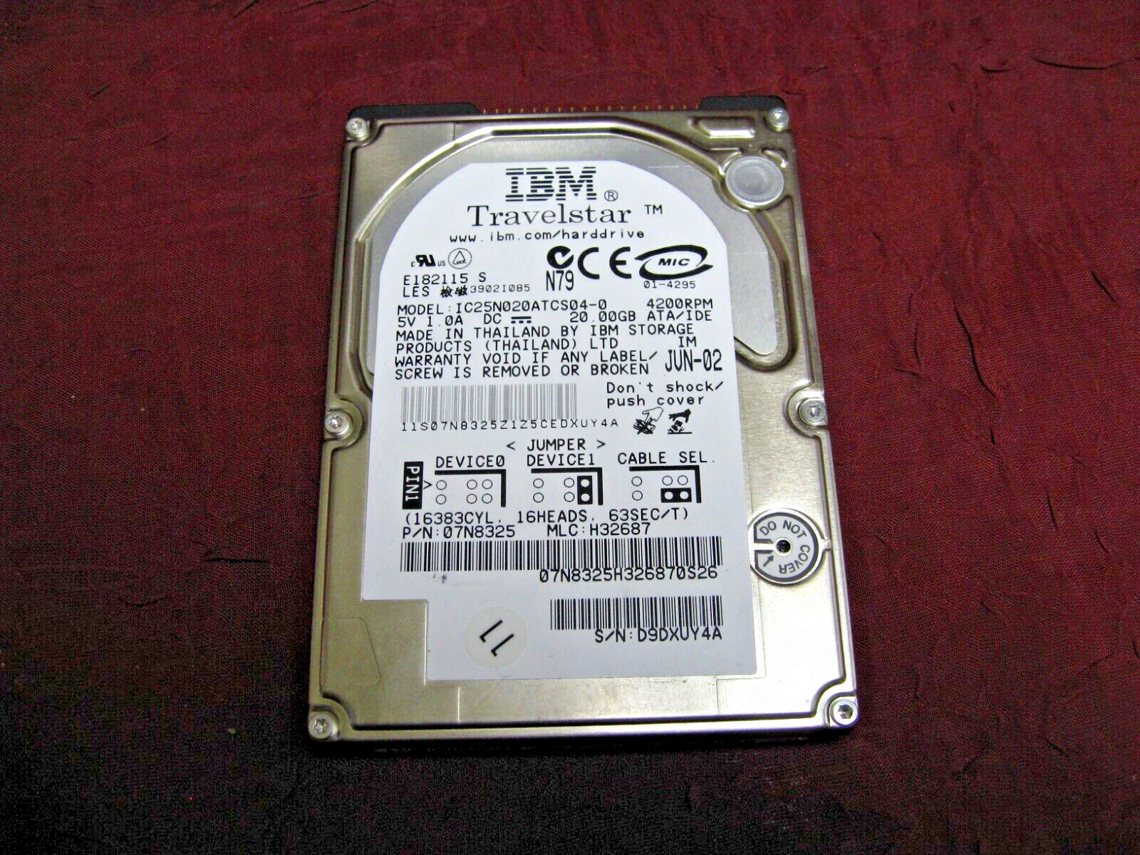 IBM 07N8325 20GB 2.5" Travelstar Laptop Hard Drive 4200RPM IC25N020ATCS04-0 hdd
