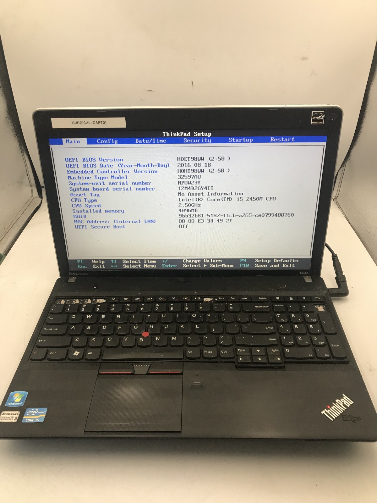 LENOVO THINKPAD E530 - BOOTS TO BIOS - INTEL I5 2450M - NO RAM - READ DESC - BB