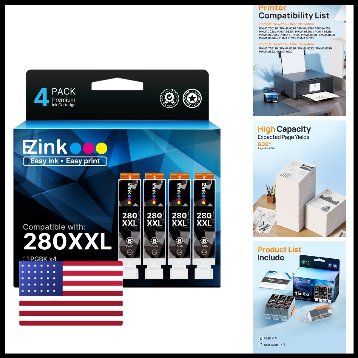 4 Pack E-Z Ink Compatible for Canon 280 PGBK XXL Ink Cartridge