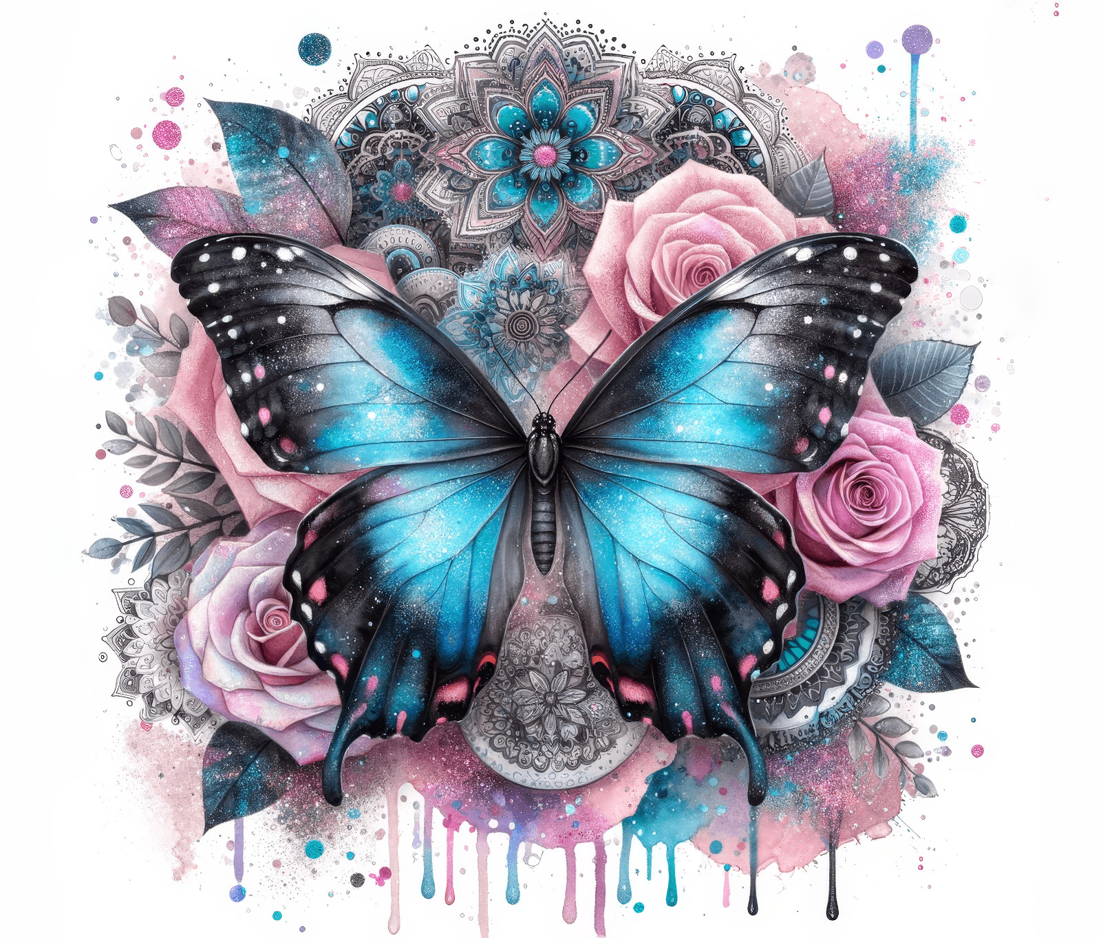 BLUE BUTTERFLY PINK ROSES MANDALA WATERCOLOR COMPUTER MOUSE PAD  9.25 x 7.75